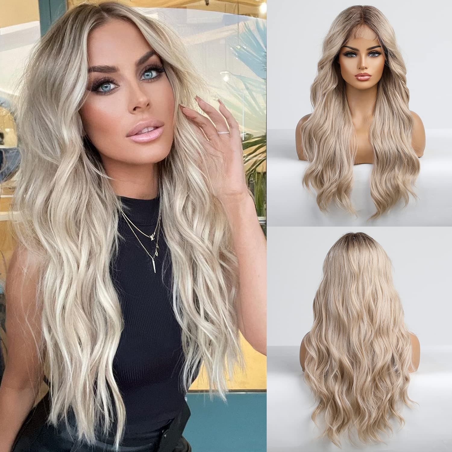 EMMOR Blonde Lace Front Wig Wave Middle Part Wig Hand Tied Baby Hair Heat Resistant Synthetic Wig