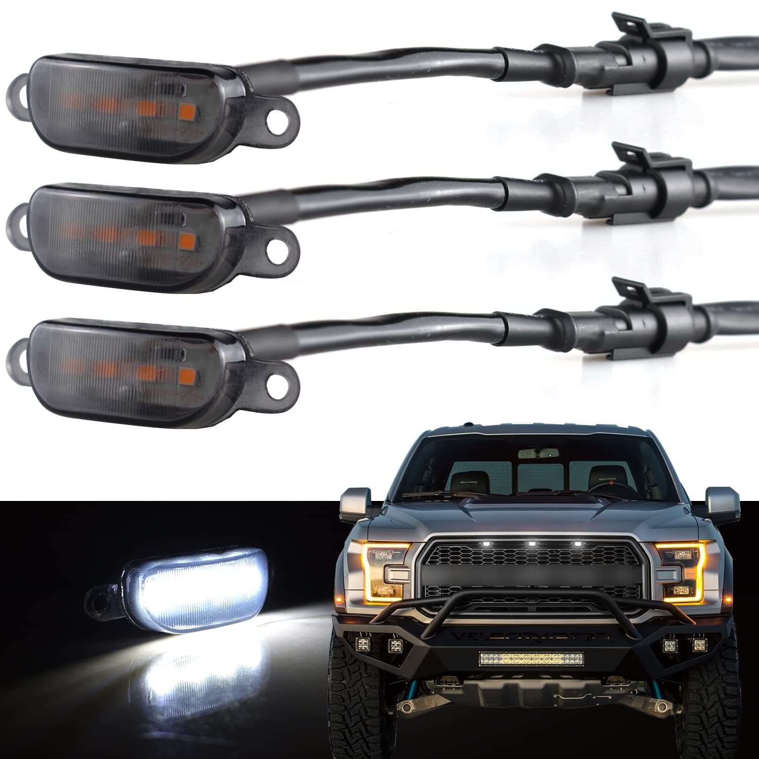 Boigoo Front Grille Lights Compatible for Dodge Ram 1500 2013-2018 & Ford F-150 Raptor 2004-2019 Grid Grilles, Cars Grid Decorative LED (White - Smoked Lens)