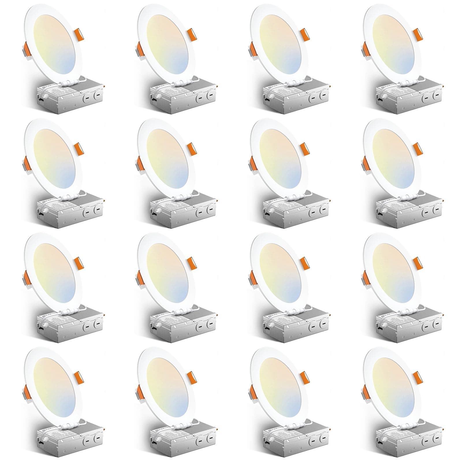 16 Pack 6 Inch 5CCT Ultra-Thin LED Recessed Ceiling Light with Junction Box, 2700K/3000K/3500K/4000K/5000K Selectable, 12W Eqv 110W, Dimmable Can Light, 1050LM High Brightness Downlight - ETL