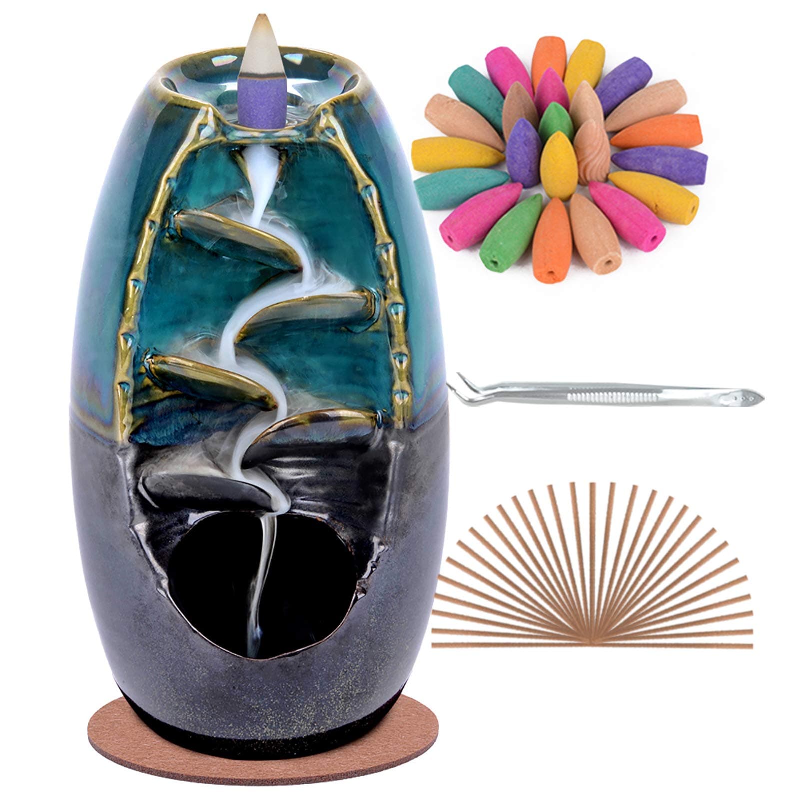 SPACEKEEPER Ceramic Backflow Incense Holder Waterfall Incense Burner, Aromatherapy Ornament Home Decor with 120 Backflow Incense Cones + 30 Incense Stick, Blue Set
