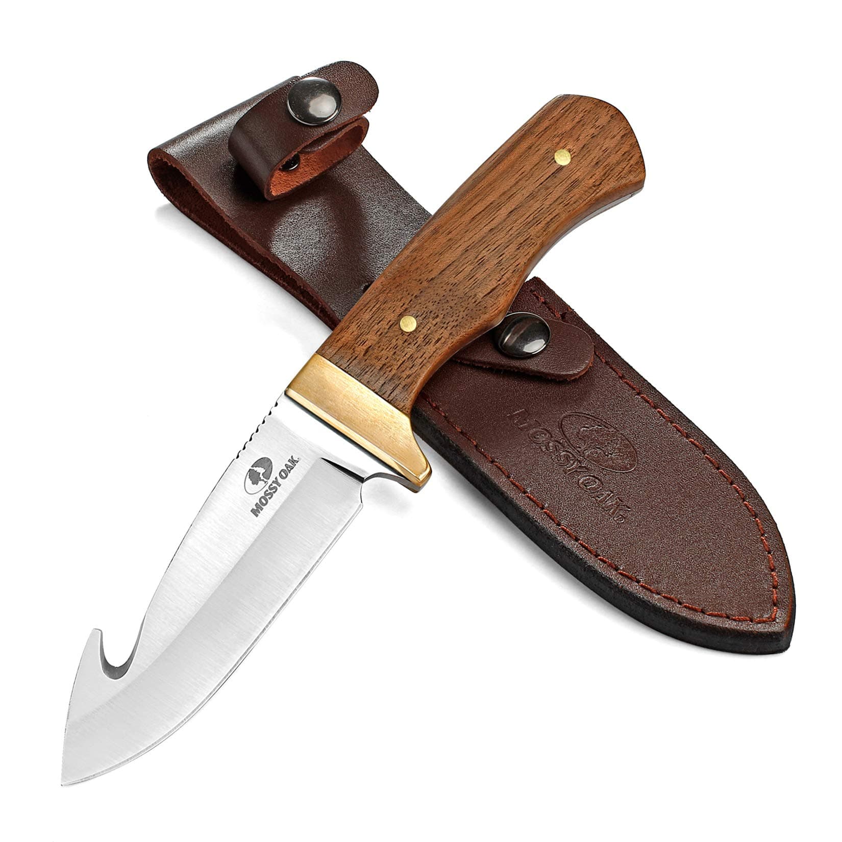 Fixed Blade Gut Hook Knife, 9.5-inch Full Tang Field Processing Knife - Wooden Handle, Leather Sheath Included, for Skinning, Hunting, Outdoors