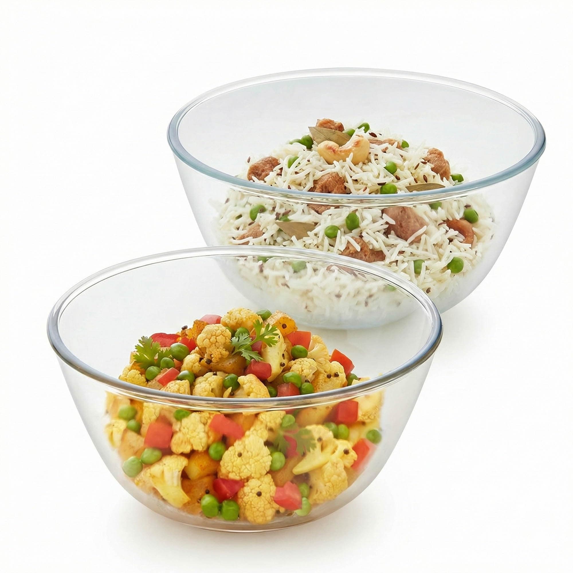 Borosil Glass Solid Mixing & Serving Bowls, Oven & Microwave Safe Bowls, Set of 2 (500 ml, 1.3 L), Borosilicate Glass, Clear