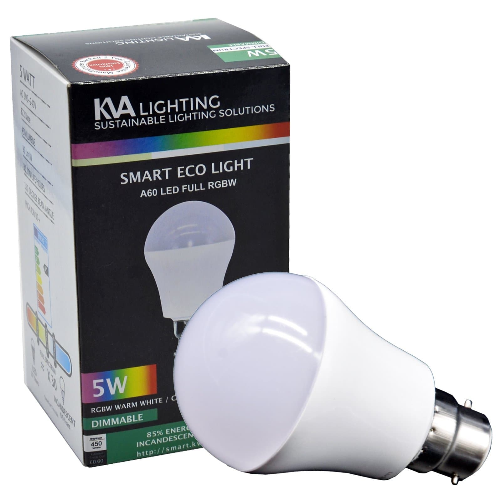KVA LIGHTING Smart Light LED Bulb, B22 A60, 5W to 40W, Bright 450 Lumens, Dimmable, RGBW, Requires Gateway, Pack of 1 [Energy Class A+]