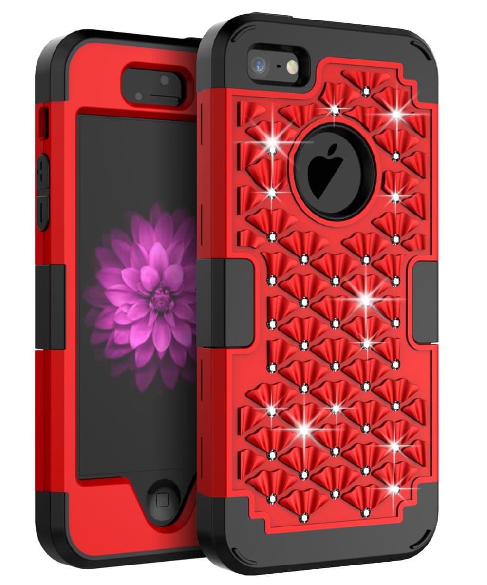 AdiWon Apple iPhone 5 Case iPhone 5S Case iPhone SE Case Glitter Crystal Diamond Bling Rhinestone Three Layer Hybrid Shock Resistant Cover for Girls/Women,Red Black