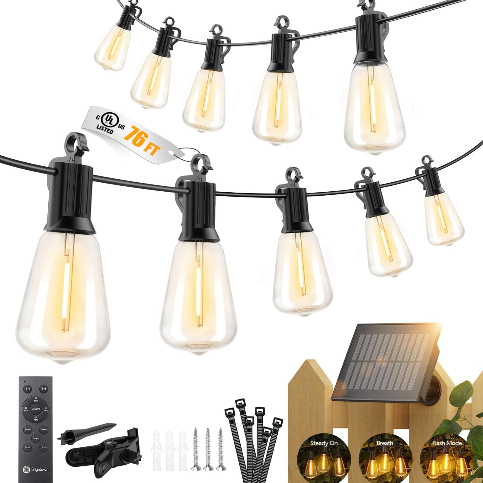 76FT Solar String Lights Outdoor Waterproof, Patio Lights with Remote and 23+1 LED Shatterproof Bulbs, Dimmable & Timable, 3 Light Modes, Solar Lights Outdoor for Yard Camping Party Outside