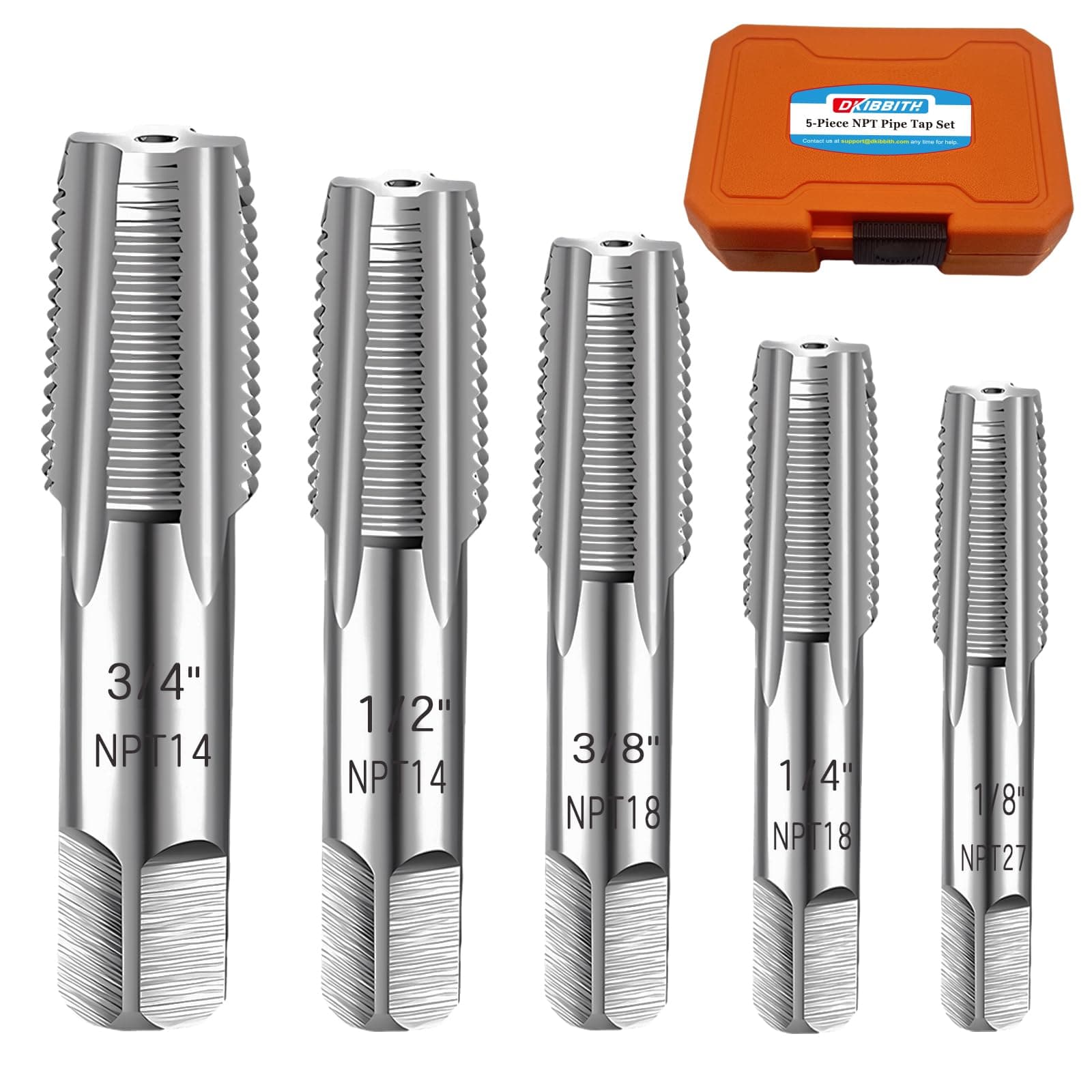 5-Piece NPT Pipe Tap Set, 1/8", 1/4", 3/8", 1/2", 3/4" ¾” NPT Tap Set Carbon Steel Hand Threading Plumbing Tap Set for Accurate Threads, Assorted Plumbers Mechanics DIY Thread cutting tools