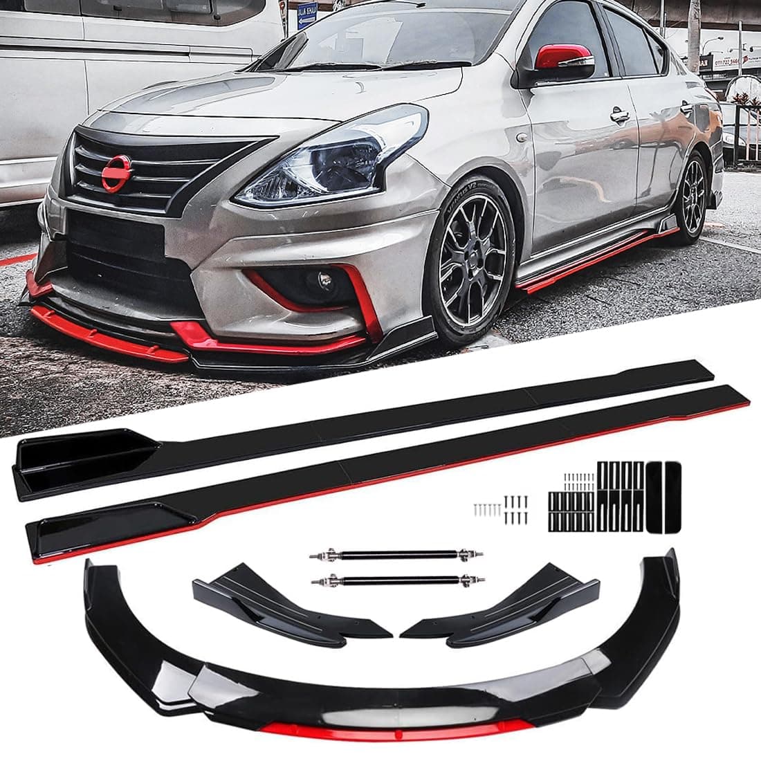 Black & Red Universal 69" - 73" Adjustable Car Front Bumper Lip Splitter Chin Spoiler Body Kit with 86.6" Side Skirt Extension Rocker Panel and Rear Bumper Lip Diffuser Compatible Most Vehicle