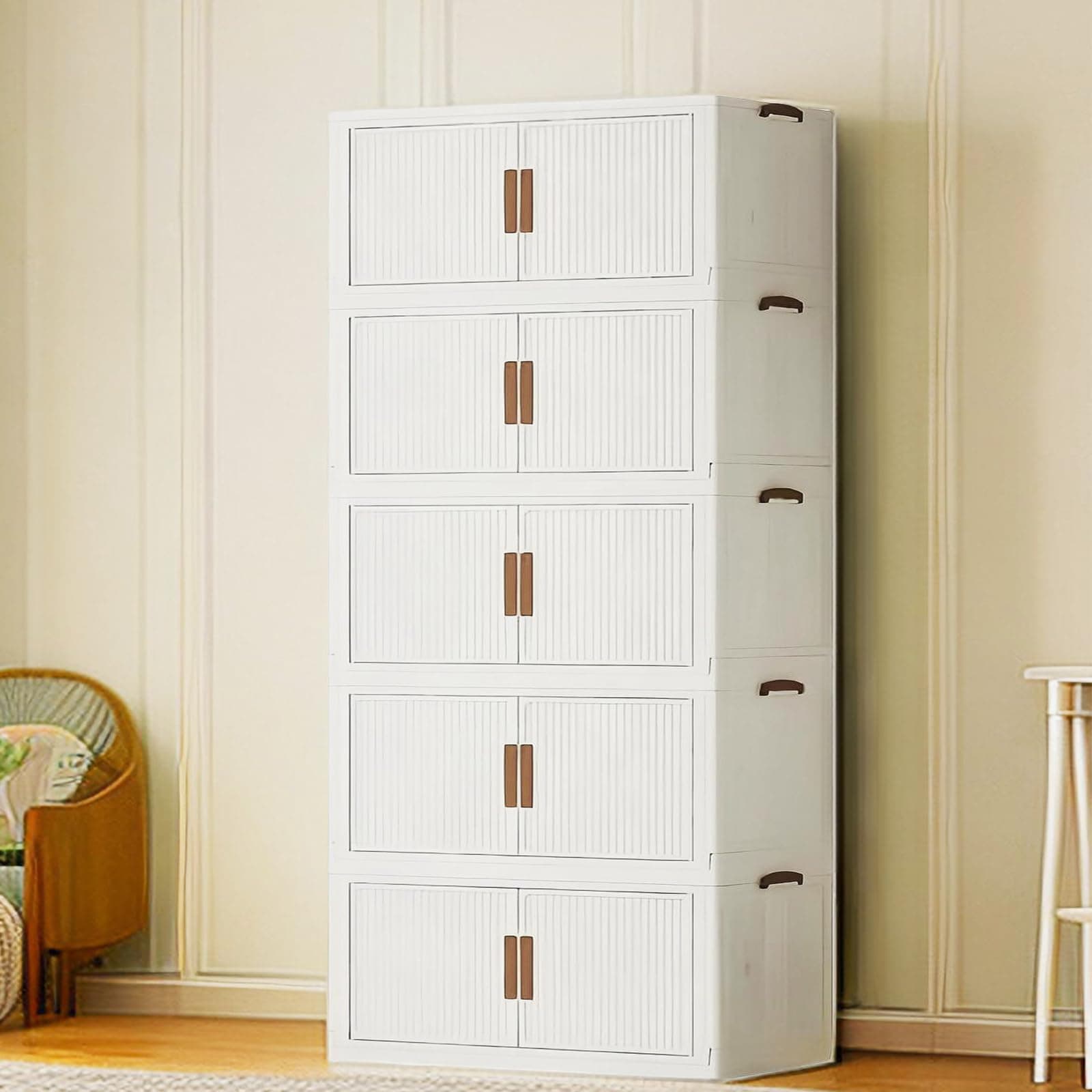 520QT/130GAL Stackable Storage Bins with 1 lid Storage Closet Organizers and Drawer Foldable Storage Bins Container with door Collapsible Storage Box for Home Office Dorm Room(104Qt X 5),White