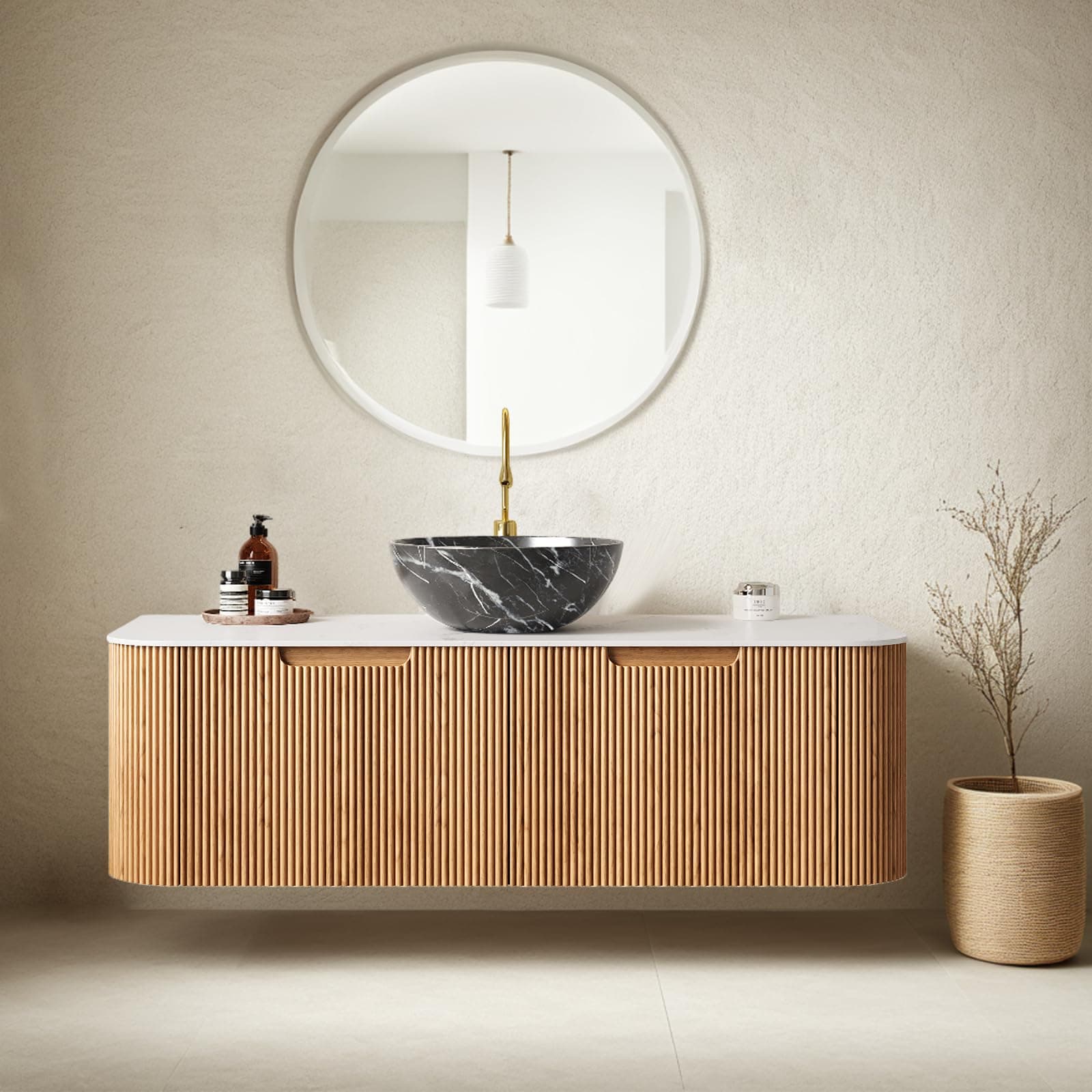 48" Floating Bathroom Vanity with Sink, Wall-Mount Cabinet with 2 Large Storage Drawers, Black Bowl Ceramic Basins and Marble Top, Soft-Close Design, Natural Woodgrain Color