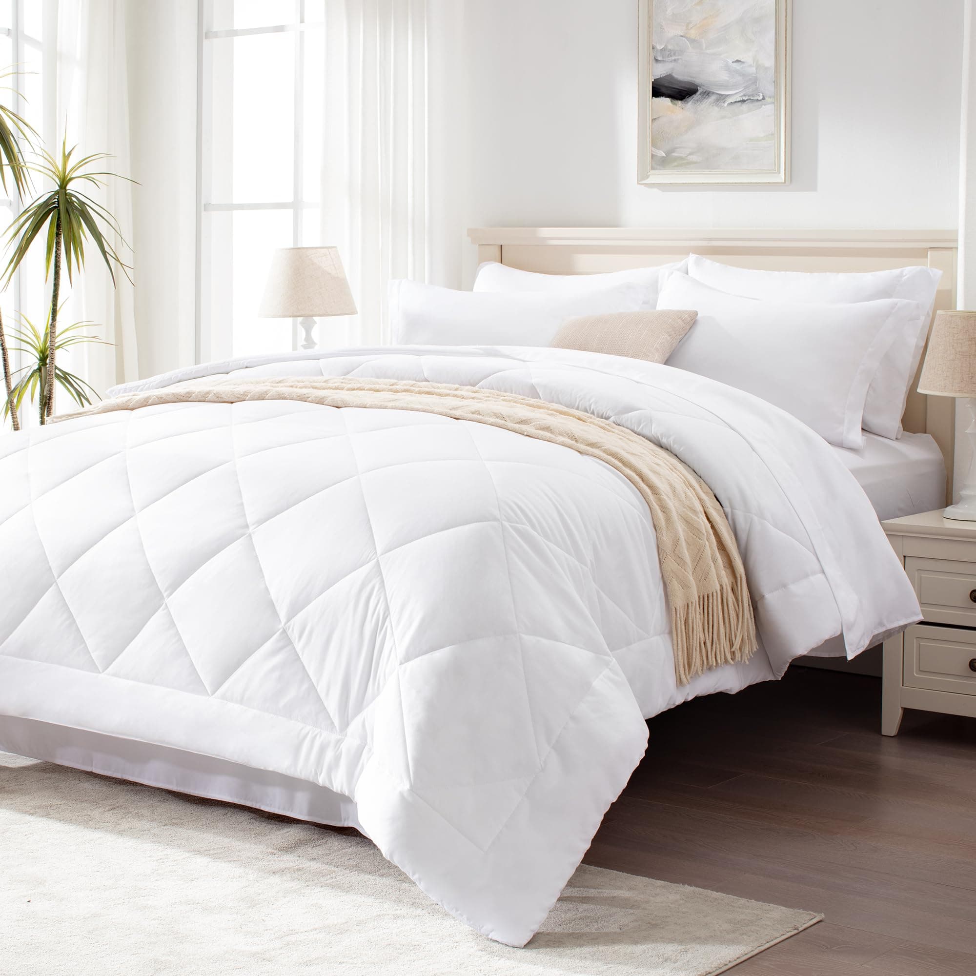 Love's cabin King Size Comforter Set White, 7 Pieces King Bed in a Bag, All Season Bedding Sets with 1 Comforter, 1 Flat Sheet, 1 Fitted Sheet, 2 Pillowcase and 2 Pillow Sham | Soft, Breathable, Lightweight, Comfortable
