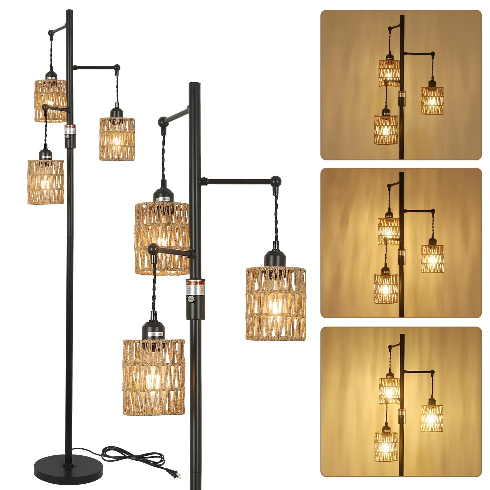 Dimmable Rattan Floor Lamp, 3-Lights Boho Lamp with Stepless Dimmer, Industrial Lamps for Living Room, Tall Tree Shades, Farmhouse Standing Bedroom Black-3 Lights