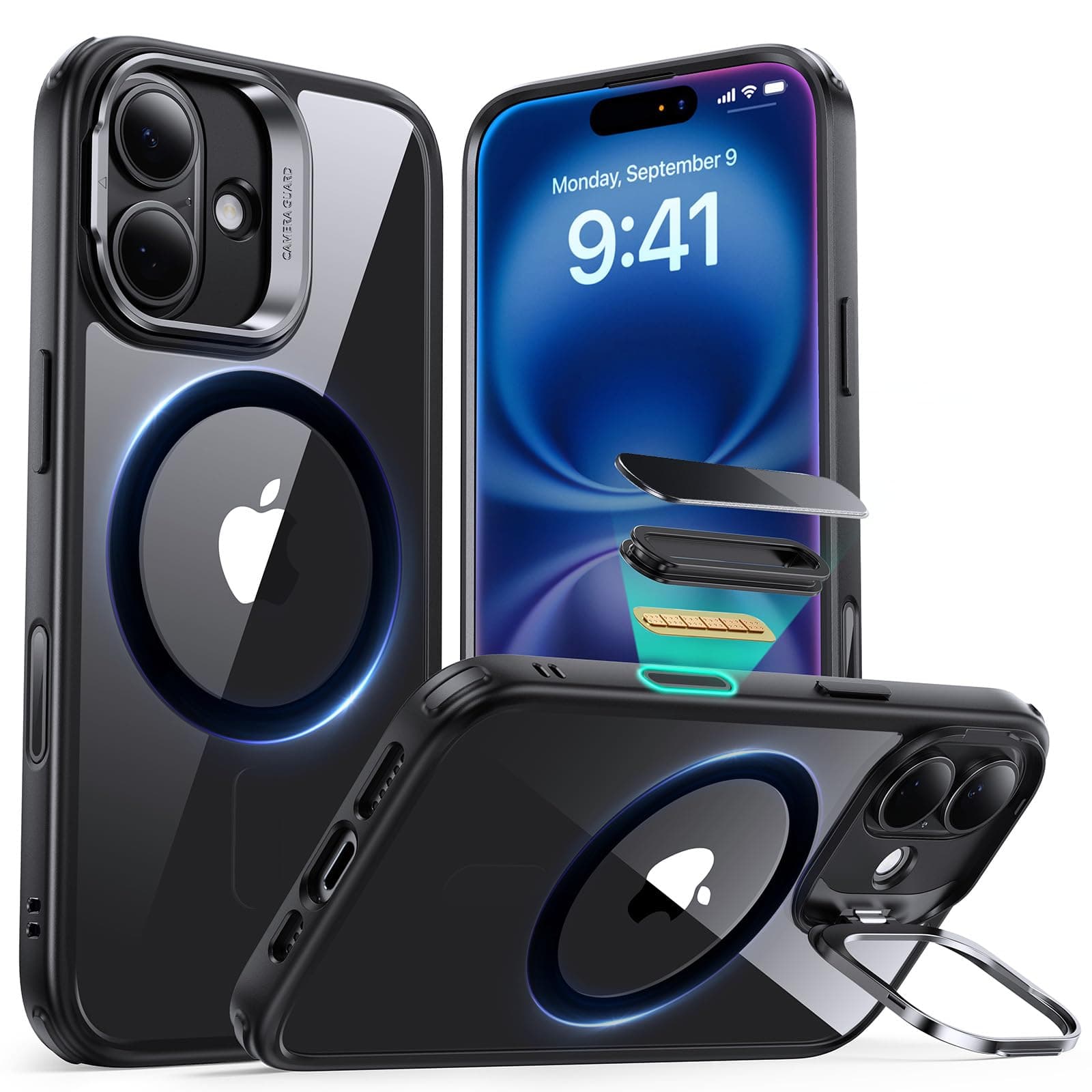 for iPhone 16 Case, Compatible with, Military-Grade Protective Case, Built-in Stash Stand Phone Case, Scratch-Resistant Back Cover, Classic Series, Clear Black