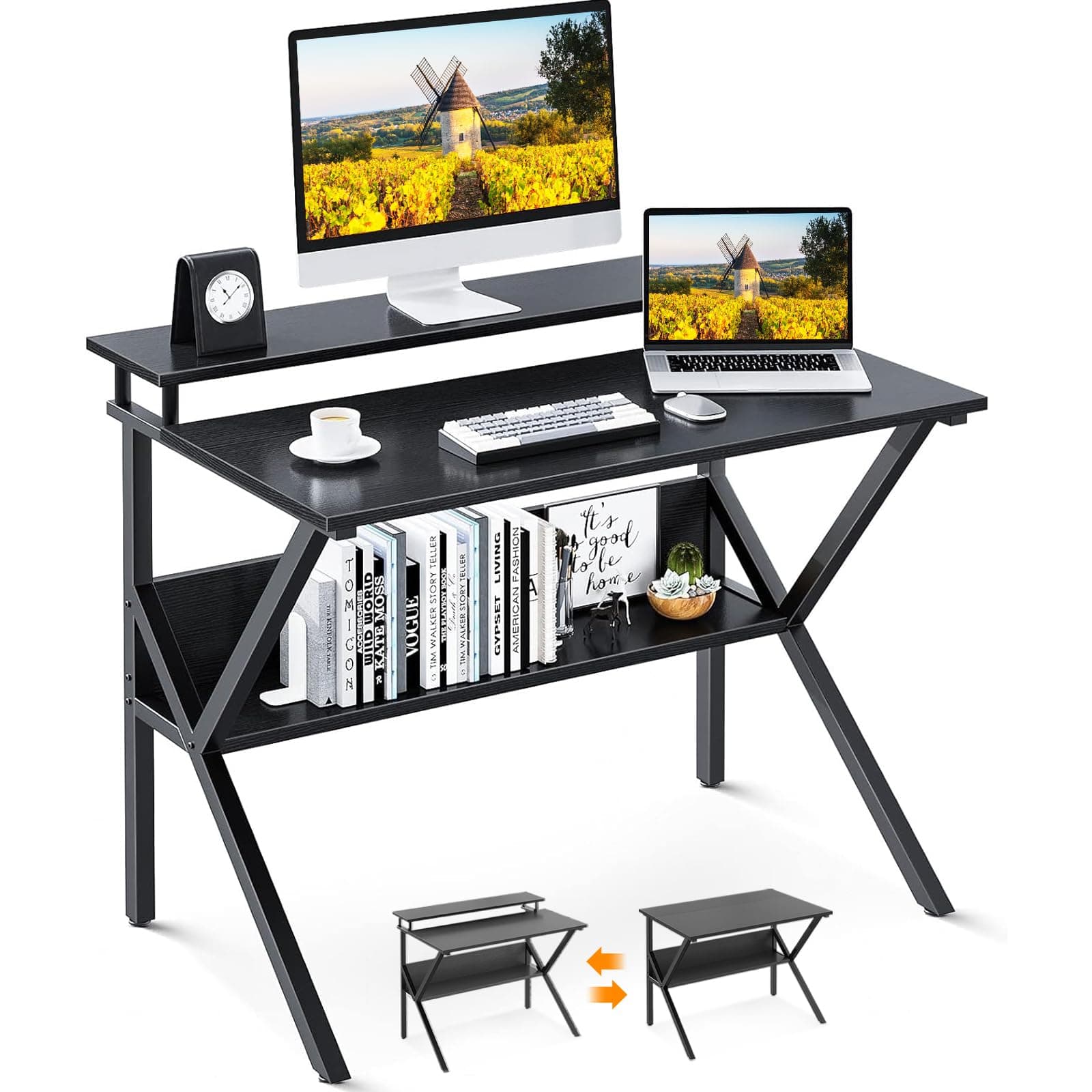 ODK Small Desk, 27.5 Inch Computer Desk for Small Spaces, Study Desk with Storage & Monitor Stand, Black