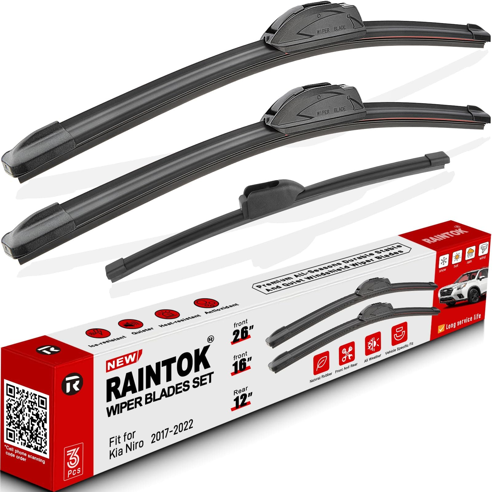 RAINTOK Windshield Wiper Blades Replacement for Kia Niro 2017 2018 2019 2020 2021 2022 Original Factory Quality Front Rear Wipers Blade Set for My Car - 26" 16" 12" (Pack of 3)