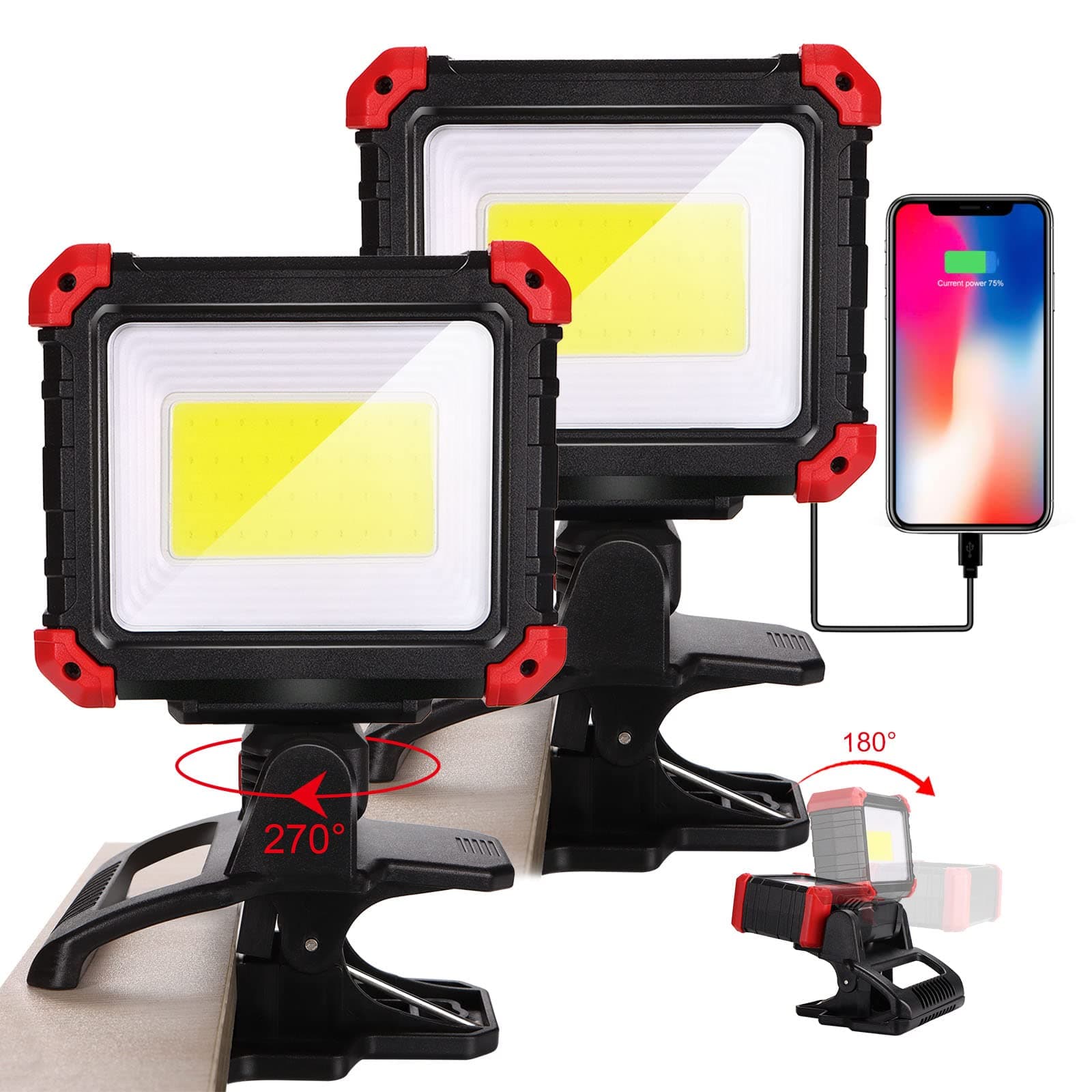 LED Rechargeable Work Light with Clamp, 2Pack 2100LM COB Magnetic Clip on Worklight 270° Rotating with Mobile Charger, Portable Clamp Work Light for Boats, Car Repairing, Job Site Lighting