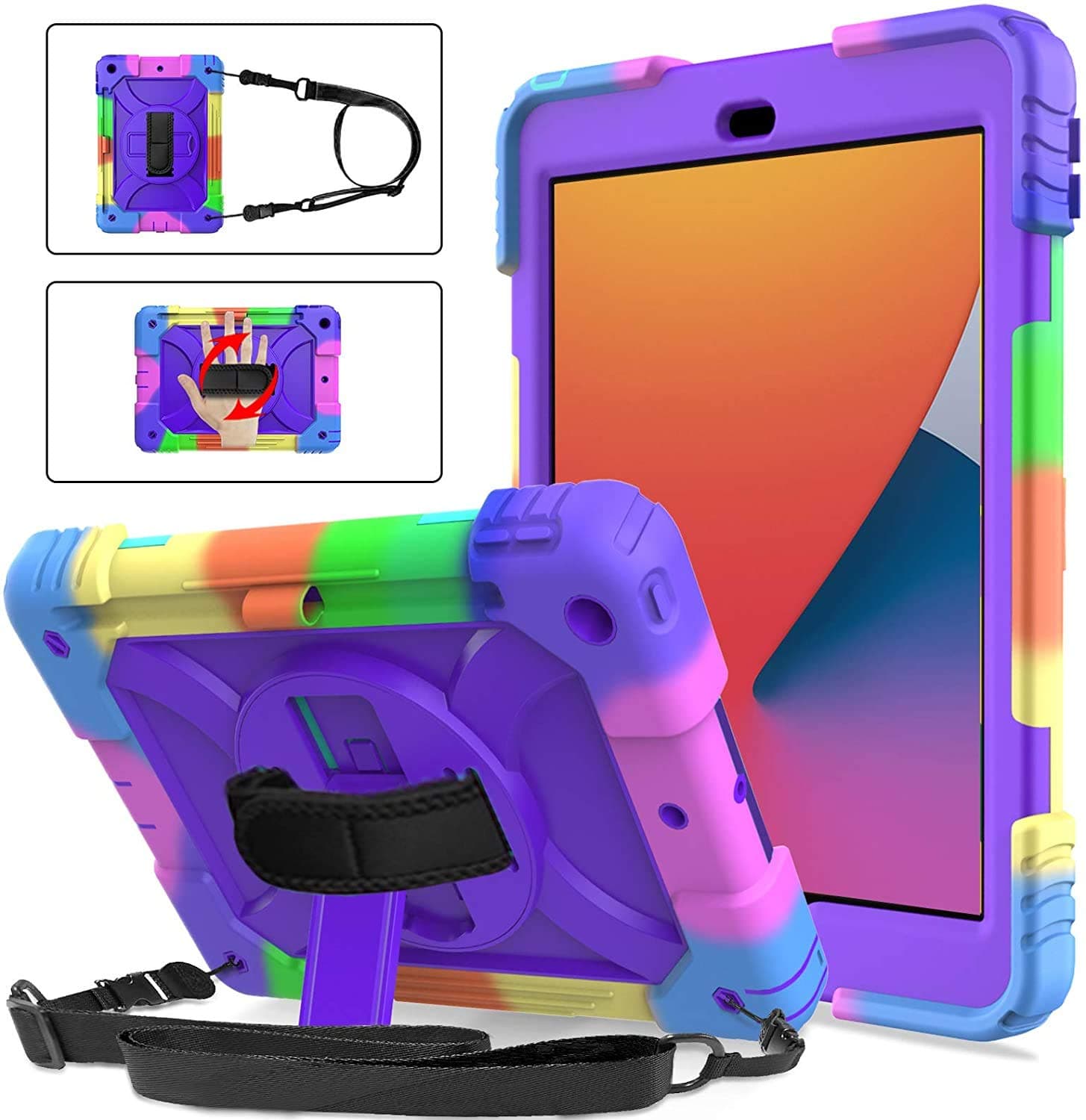 SINSO iPad 10.2 Case for Kids - Shockproof 360 Rotating Stand With Hand Strap and Pencil Holder for 9th/8th/7th Generation (2021/2020/2019) - Purple