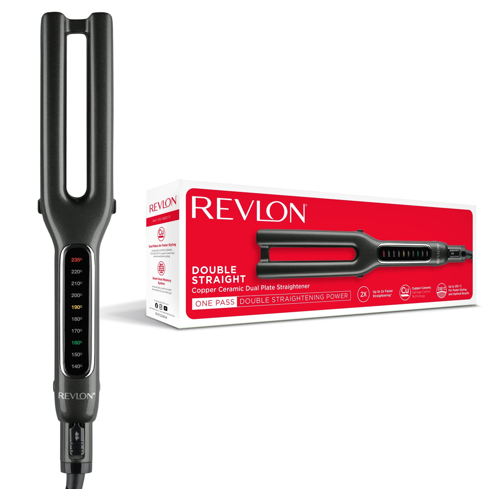 Revlon Double Straight Straightener (Dual Plate Design, Advanced Copper Ceramic Technology, LED Display, Smart Heat Memory System, 10 Heat Settings up to 235°C) RVST2204UK, Black