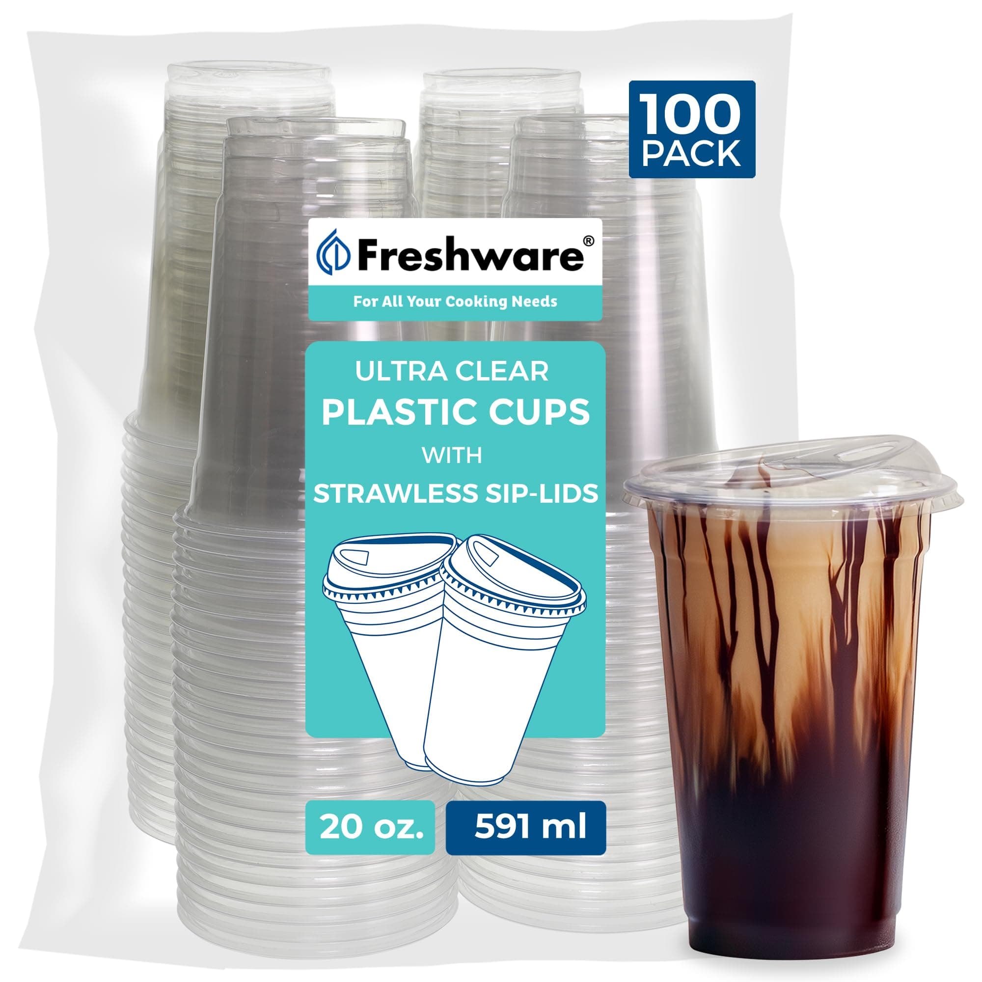 [100 Pack, 20 oz] Plastic Cups with Sip Lids