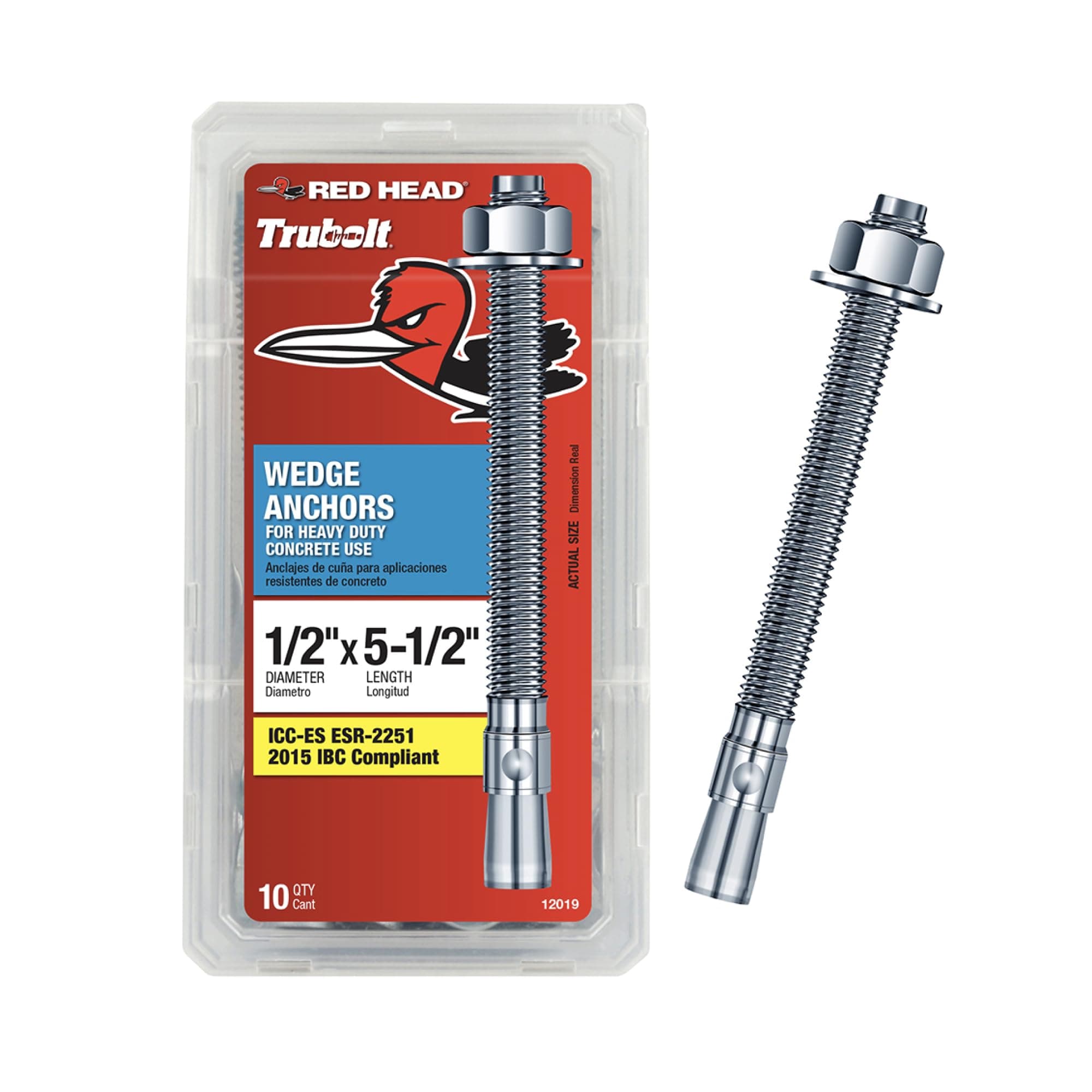 Red Head TruBolt® 1/2 x 5-1/2 Inch Wedge Heavy-Duty Concrete Anchors, 10 PCS, Versatile Threaded Design for Fastening into Solid Concrete with 360-Degree Contact, Stainless Steel