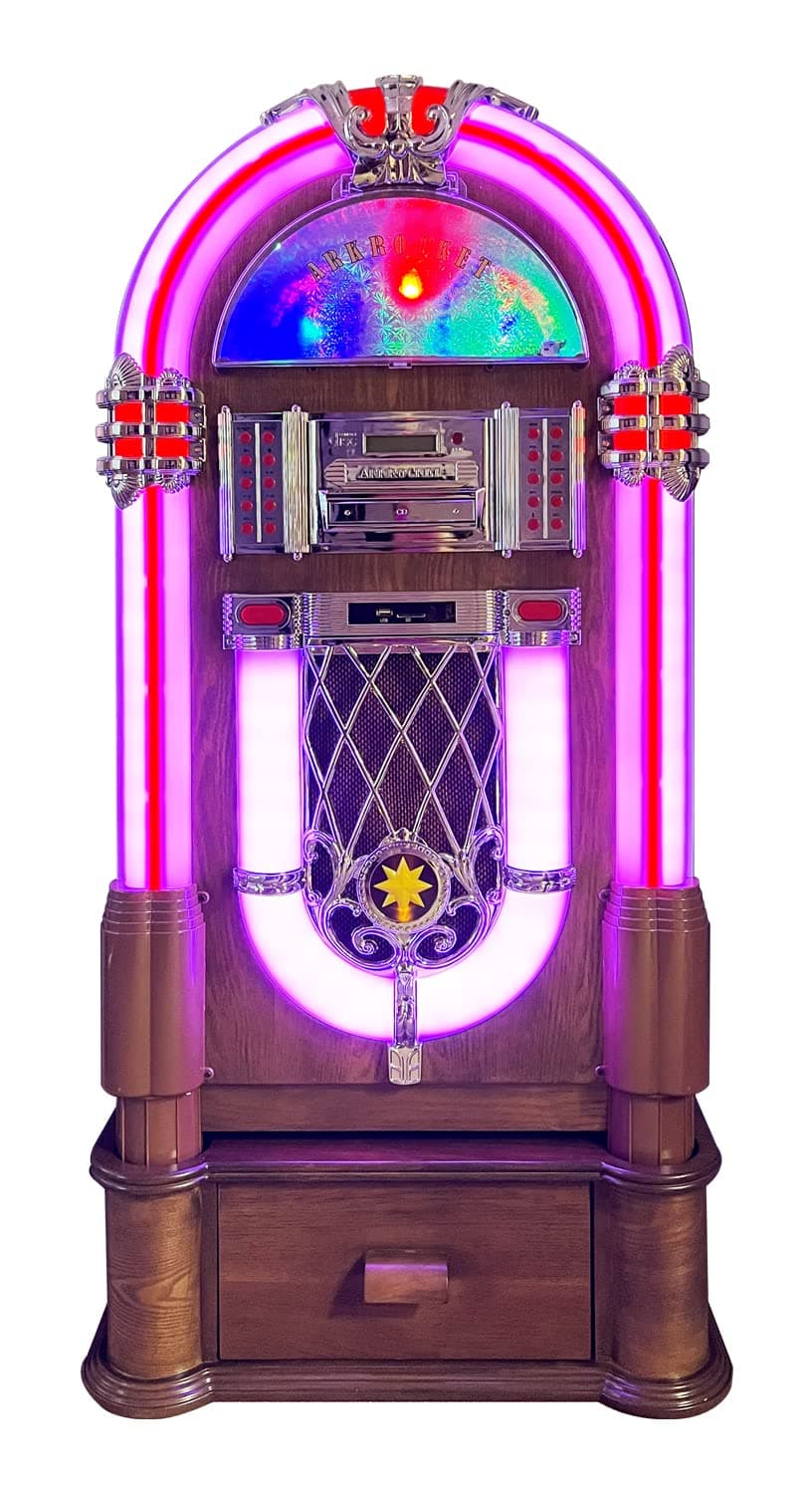 Full Size Jukebox Vinyl Record Player Bluetooth USB SD CD Player Radio Retro Turntable Classic Jukebox (Taurus II + Stand - Oak)