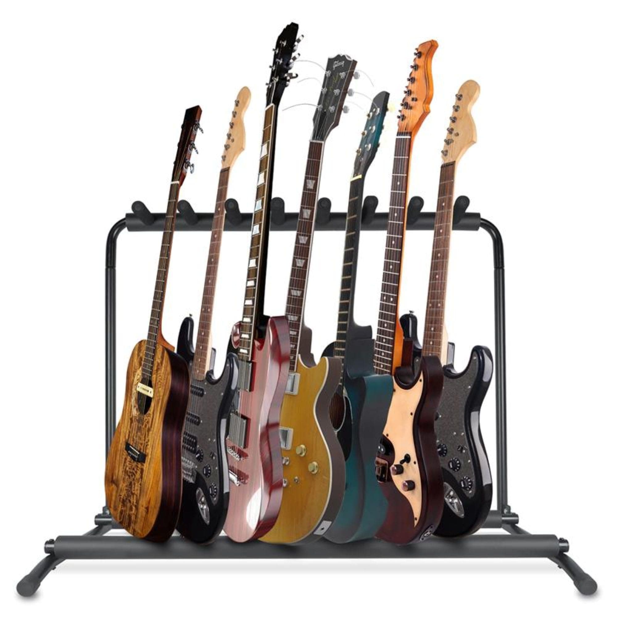 Pyle Multi Guitar Stand 7 Holder Foldable Universal Display Rack - Portable Black Guitar Holder With No slip Rubber Padding for Classical Acoustic, Electric, Bass Guitar and Guitar Bag/Case - PGST43