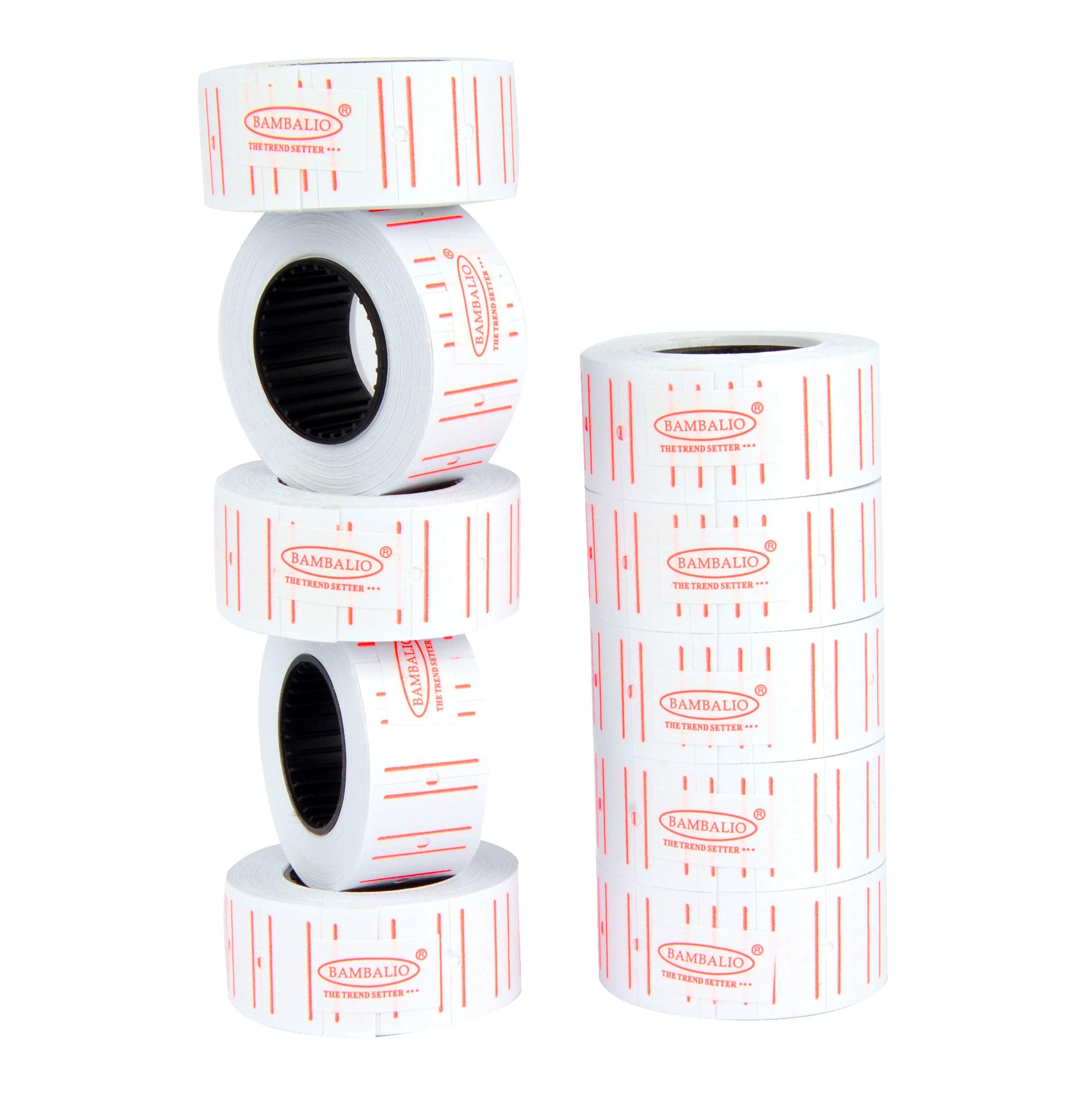 Bambalio White Colour Label Rolls with Two Red Lines Border 10 Label Rolls Compatible with All Single Line Labeling Machines- BLR-WP(T) ECO