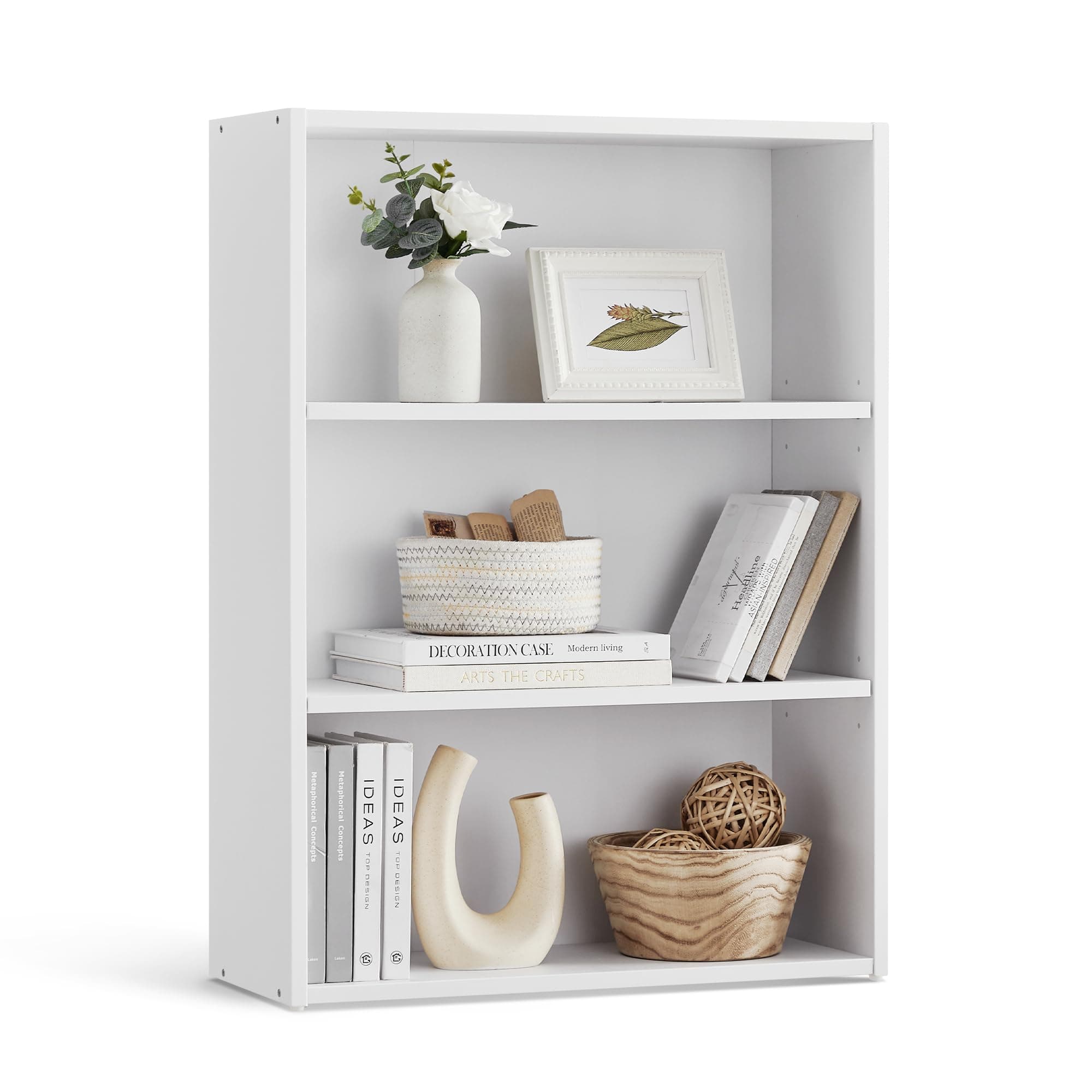 Bookshelf, 3-Tier Open Bookcase with Adjustable Storage Shelves, Floor Standing Unit, White