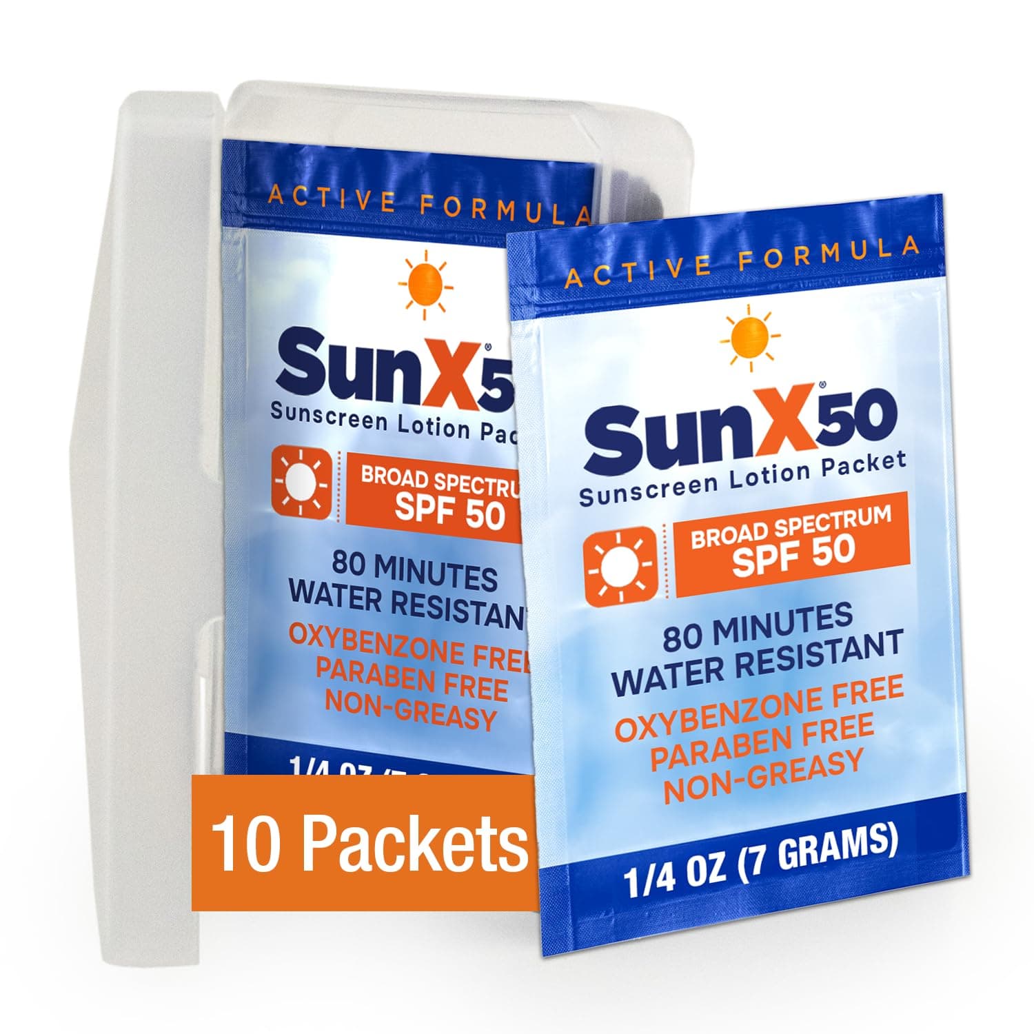 Sun X 50 SPF Broad Spectrum Sunscreen Packets w/Carrying Case - Pack of 10 Paraben, Oxybenzone, Octinoxate, & Oil Free Sunscreen - No White Cast and Water Resistant up to 80 Minutes