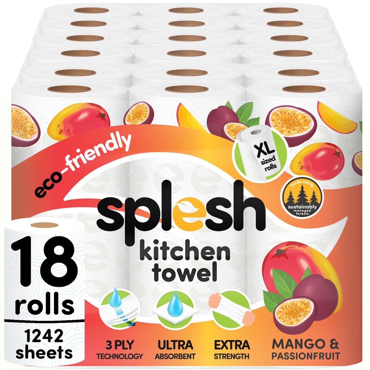 Splesh Mango & Passionfruit Scented Kitchen Towel 3 Ply Pack of 18 Rolls Ultra Absorbent XL Paper Towels, Strong, Soft & Thick Kitchen and Household Cleaning