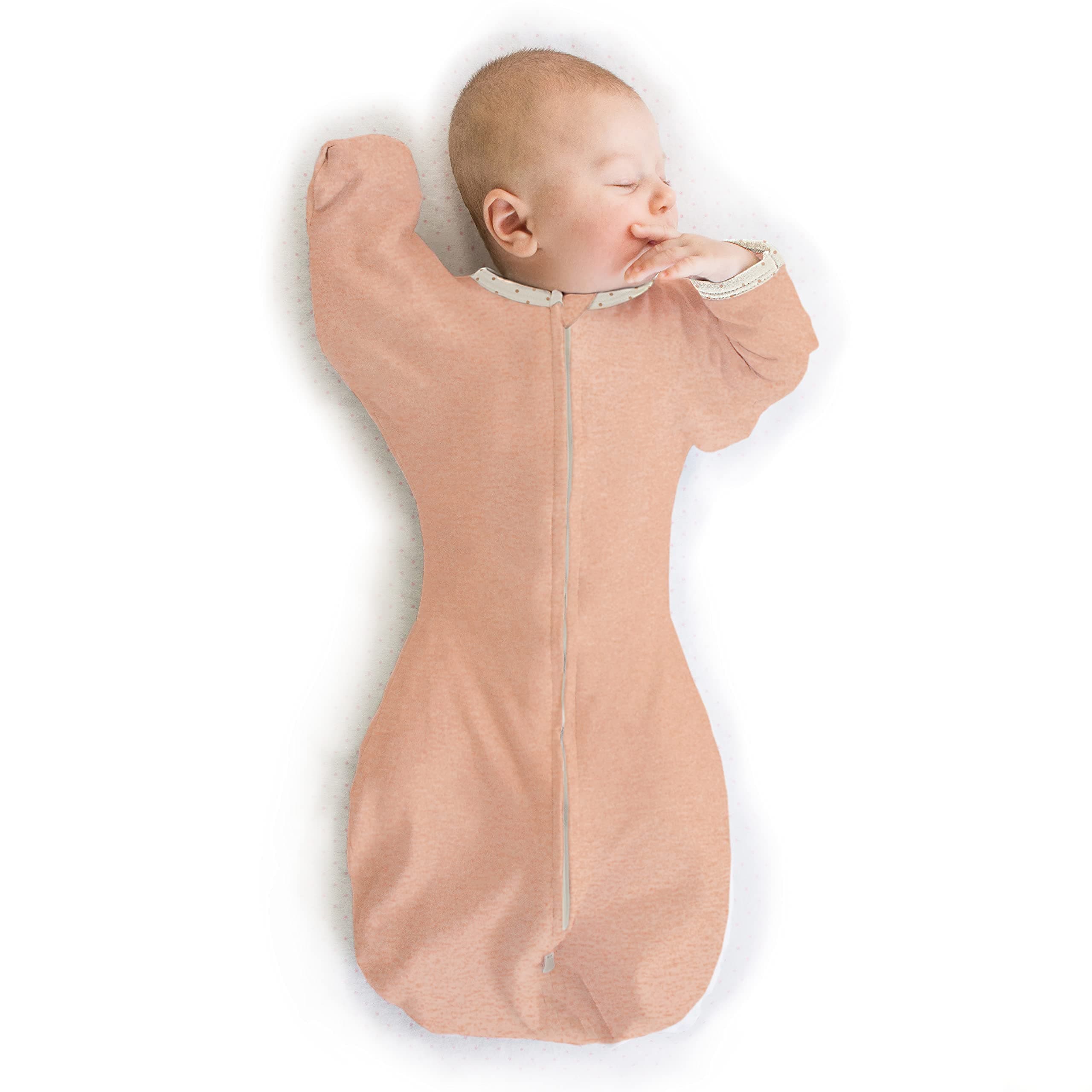 Transitional Swaddle Sack With Arms Up Half-Length Sleeves and Mitten Cuffs, Heathered Peach Blush with Polka Dot Trim, Medium, 3-6 Mo, 14-21 lbs (Better Sleep, Easy Swaddle Transition)
