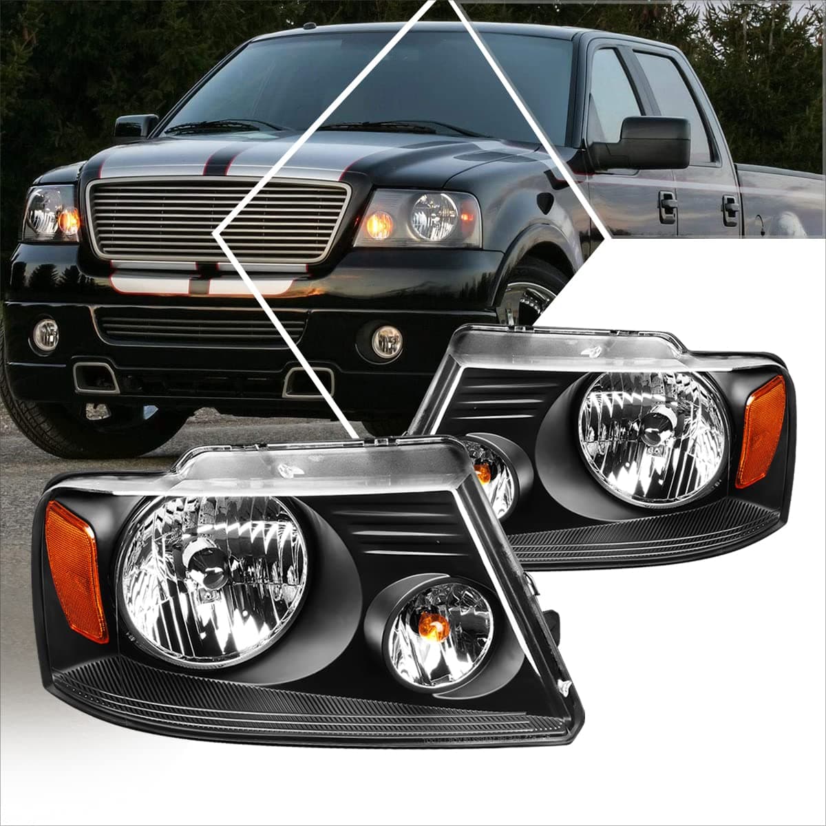2Pcs Replacement Headlights Assembly Compatible with Ford F150 04-08/Lincoln Mark LT 06-08,Black Housing/Amber Corner