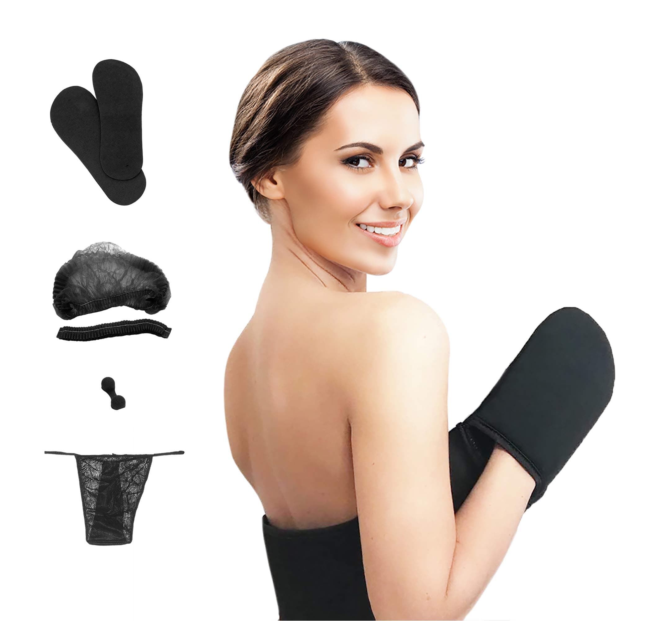 Tanning Pack with Long Luxury Self Tan Glove Mitt Applicator Including Sticky Feet, Hair Net, Nose Filter and Underwear for Streak-Free Fake Tanning - Perfect with Lotion, Cream for Back and Body