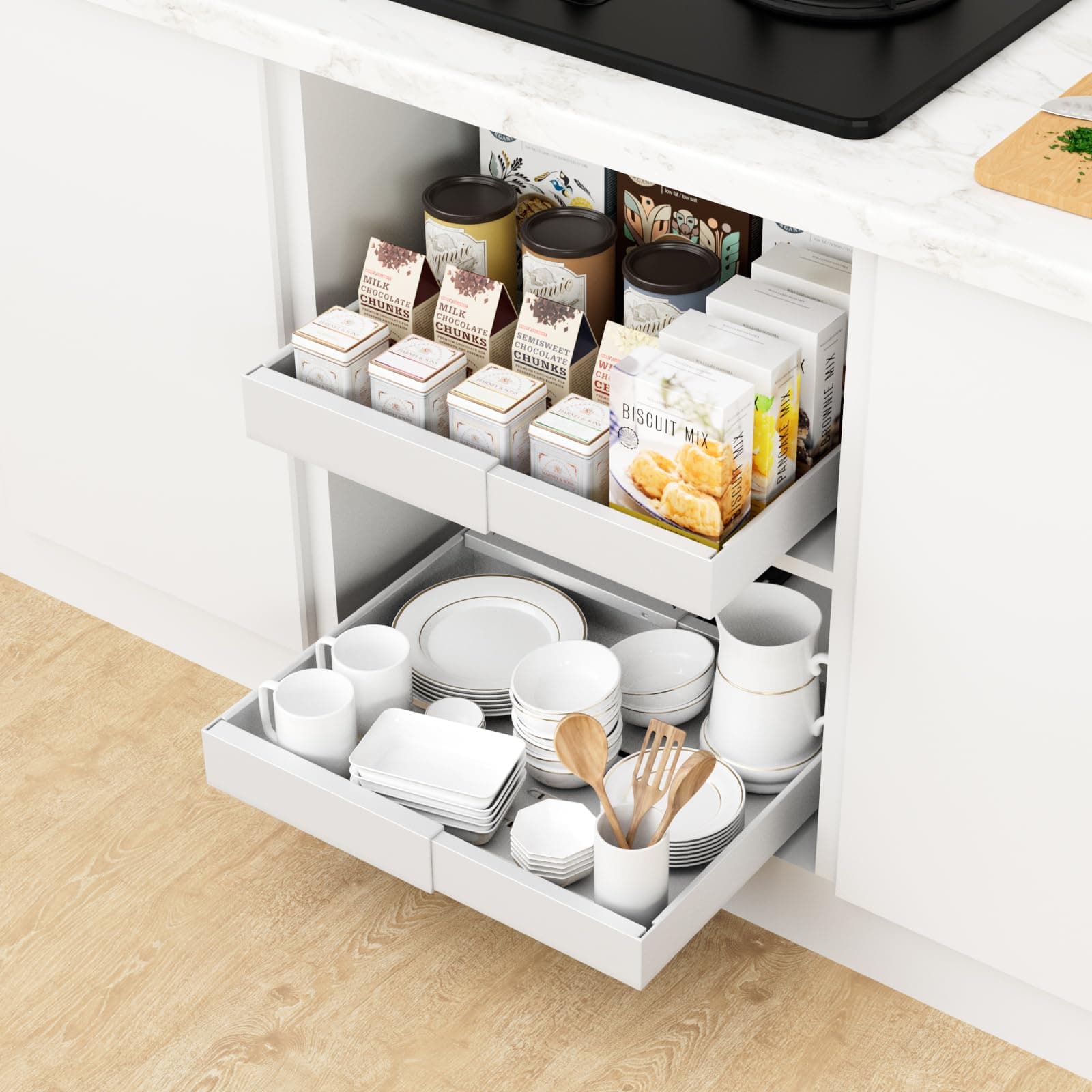 DIKENLAND Pull Out Cabinet Organizer, Heavy Duty Cabinet Pull Out Shelves with 3 Rails, Extendable(12.4"-20.5") Slide Out Drawers for Kitchen Cabinets with Adhesive Film 16.6''Deep, 1 Pack