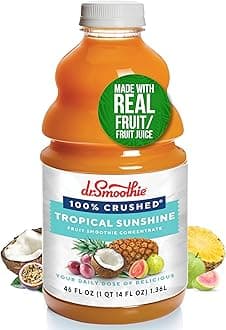 Dr. Smoothie 100% Crushed Tropical Sunshine – No Added Sugar, Made with Real Fruits/Fruit Juice – Vegan, No Artificial Colors or Flavors – Guava, Pineapple, Passion Fruit & Bananas – 46 oz Bottle