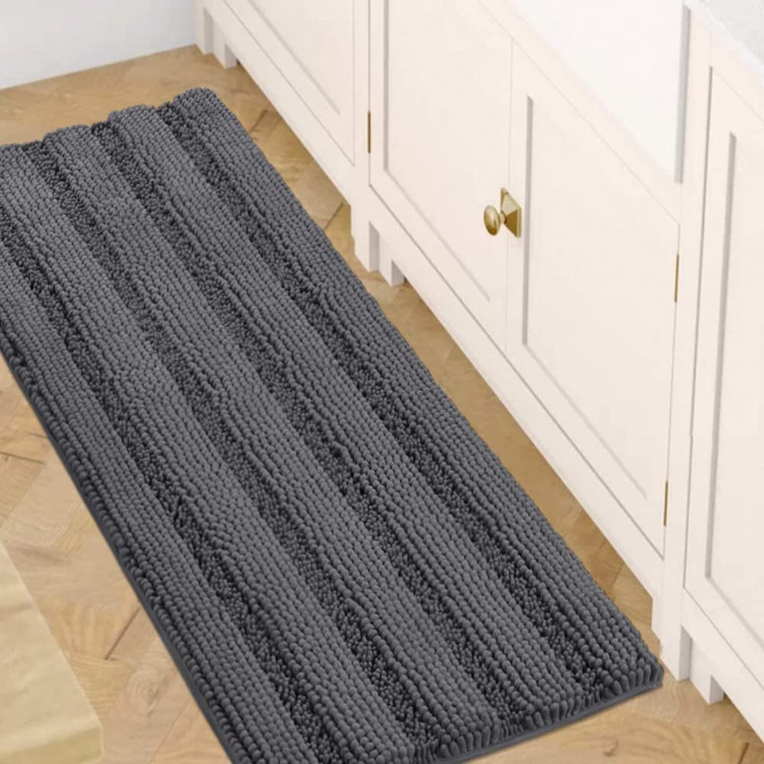 RO Bathroom carpet, Extra Long Thick Luxury Striped Chenille Bath Rug, Soft Absorbent Shaggy Floor Mat, Washable Plush Carpet for Microfiber for Kitchen/Living Room (Dark Gray,43 x 120CM)