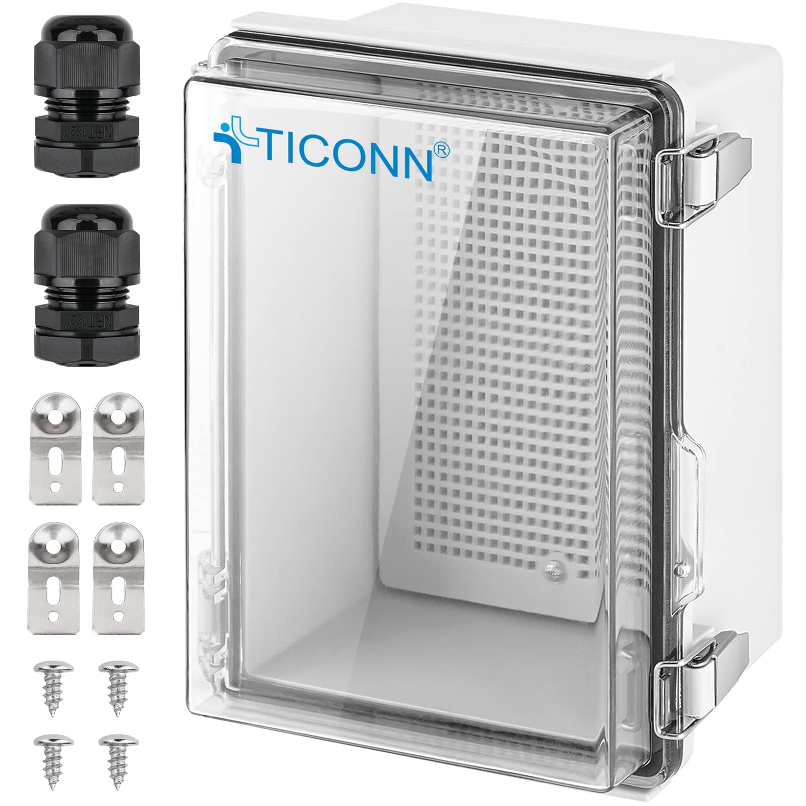 Outdoor Electrical Box Waterproof, Junction Box IP67 ABS Plastic Enclosure with Hinged Cover with Mounting Plate, Wall Brackets, Cable Glands (Clear, 8.7"x6.7"x4.3")