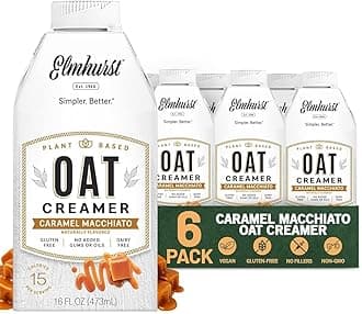 Elmhurst 1925 Caramel Macchiato Oat Creamer - 16 Ounce (Pack of 6) Dairy-Free, Vegan, Kosher, Low Sugar, Shelf Stable Creamer Made with Oat Grains & Caramel for Simpler Plant Based Alternatives