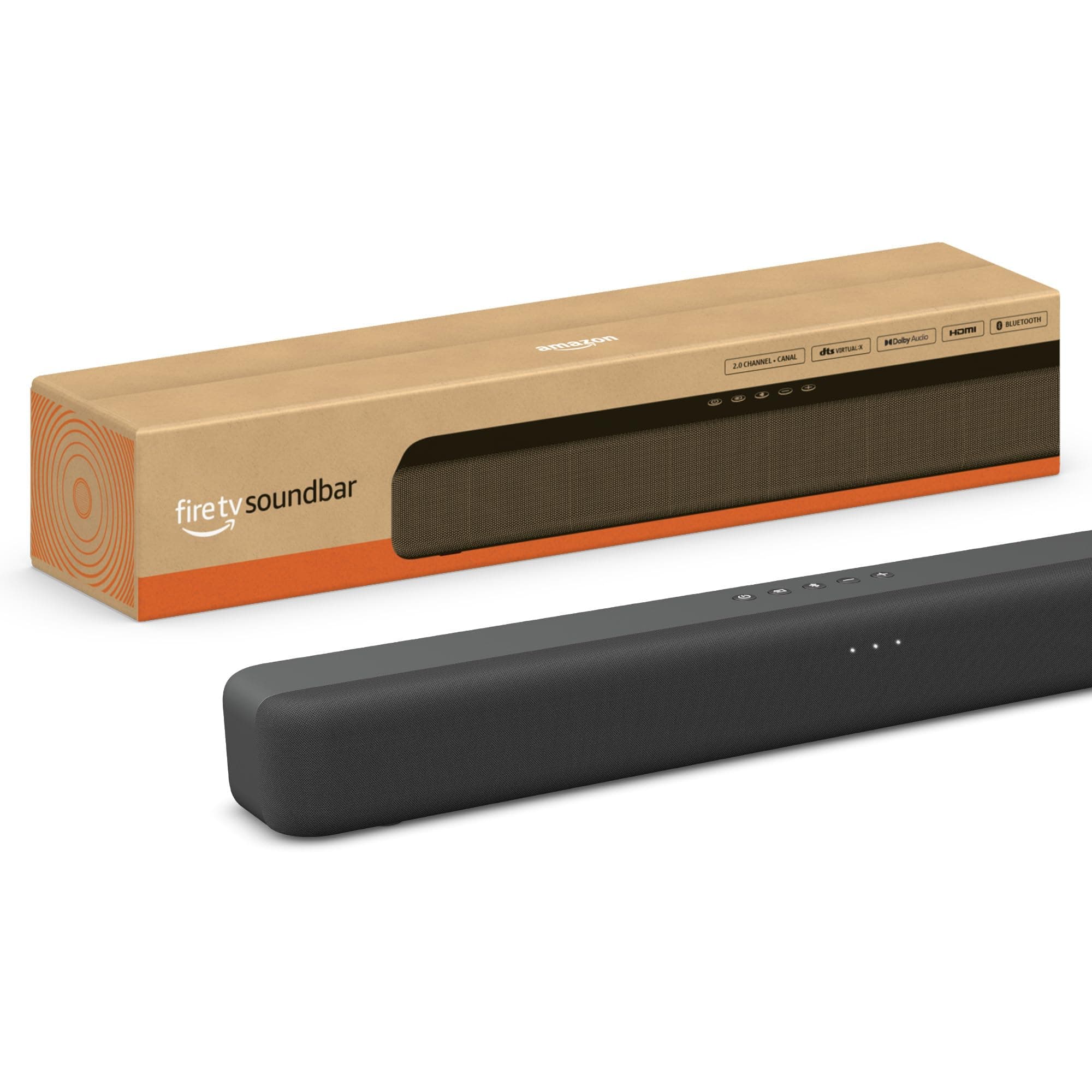 - Amazon Fire TV Soundbar, 2.0 speaker with DTS Virtual:X and Dolby Audio, Bluetooth connectivity