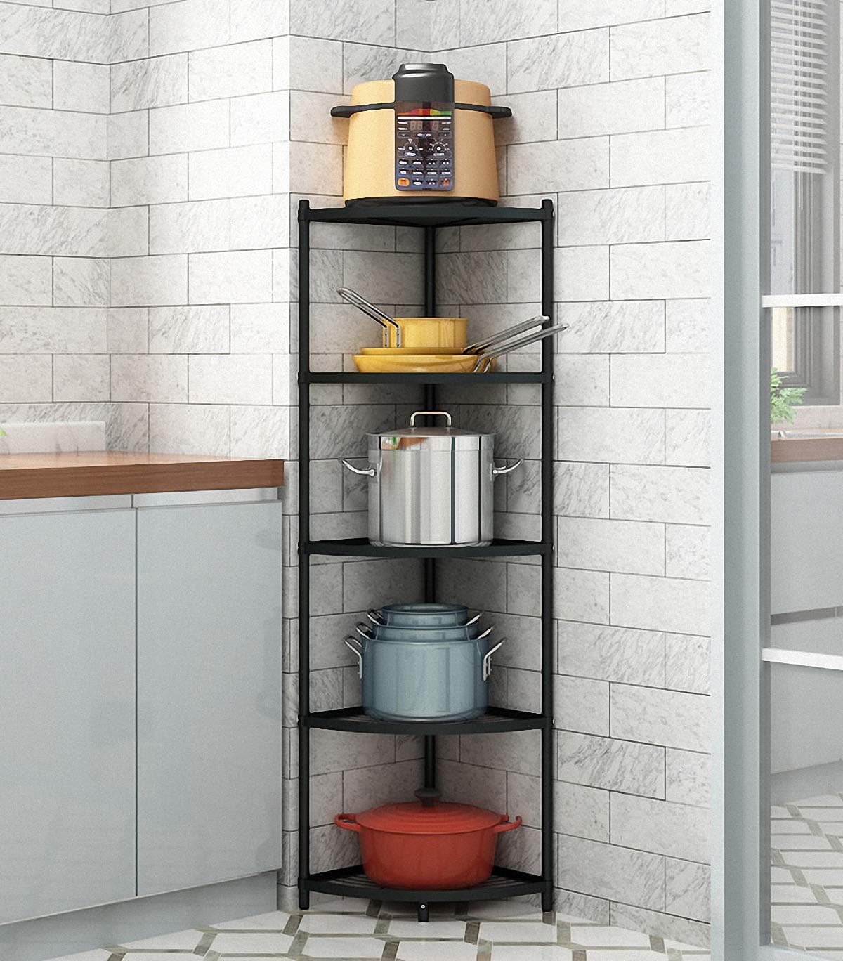 5-Tier Kitchen Corner Shelf Rack, Free Standing Pot Rack for Organizer Stainless Steel Cookware Stand