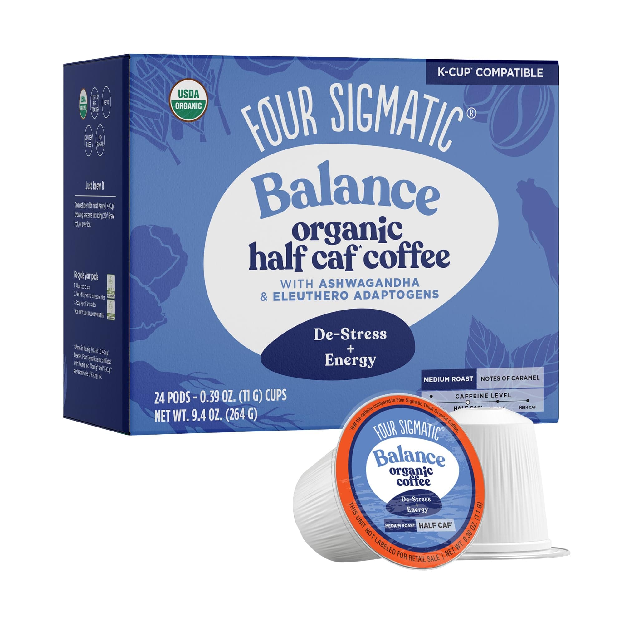 Four Sigma Foods Four Sigmatic Adaptogen Coffee k-cups, Medium Roast Ground Coffee with Ashwagandha Chaga&Tulsi Immune Support and stress relief keto,24 count