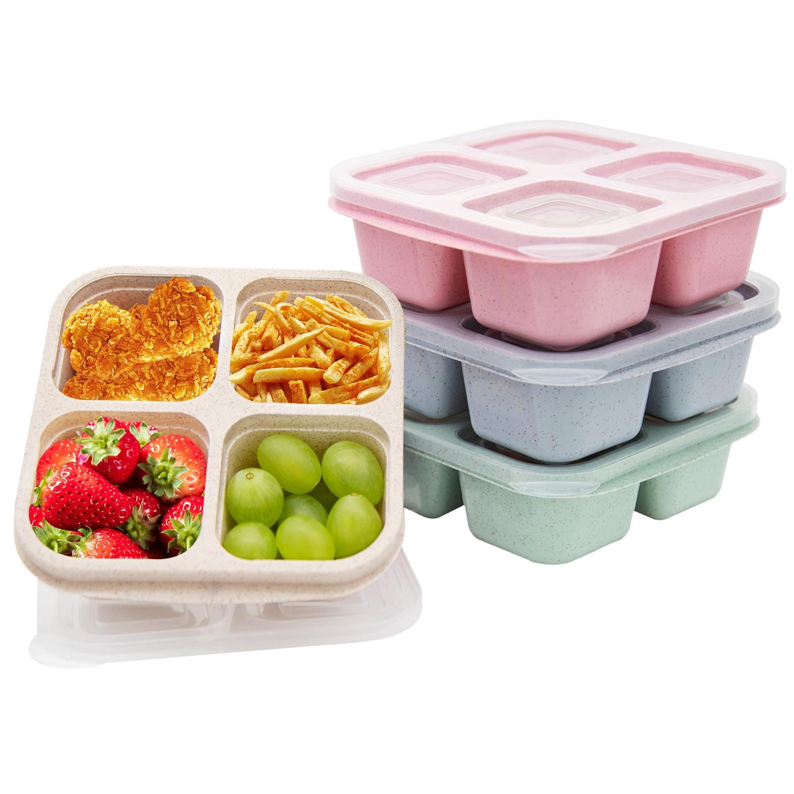 4 Pack Bento Lunch Box，4 Compartment Snack Containers，Divided Bento Snack Box，Meal Prep Containers Kids/Toddle/Adults,Food Storage Containers for School, Work and Travel