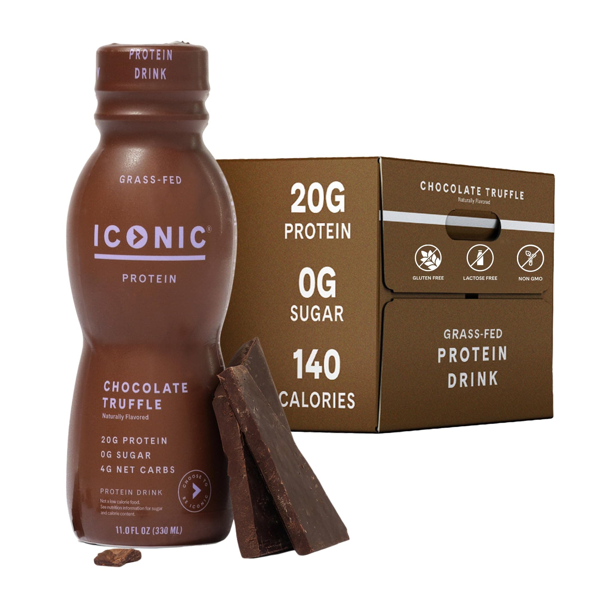 - Iconic Protein Drinks, Chocolate Truffle (12 Pack) - Sugar Free & Low Carb - 20g Grass Fed Protein - Lactose Free, Gluten Free, Non-GMO, Kosher - Keto Friendly Protein Shakes