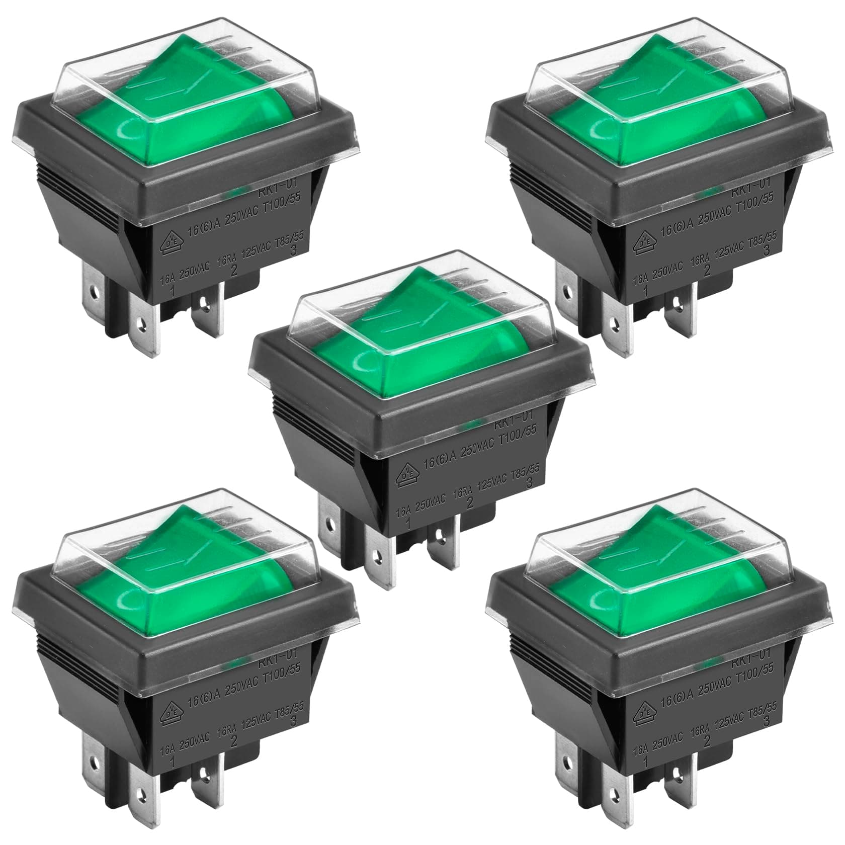 Heschen Rocker Switch ON-OFF DPST 4 Terminals Green Light 16A 250VAC With Waterproof Cover (5)