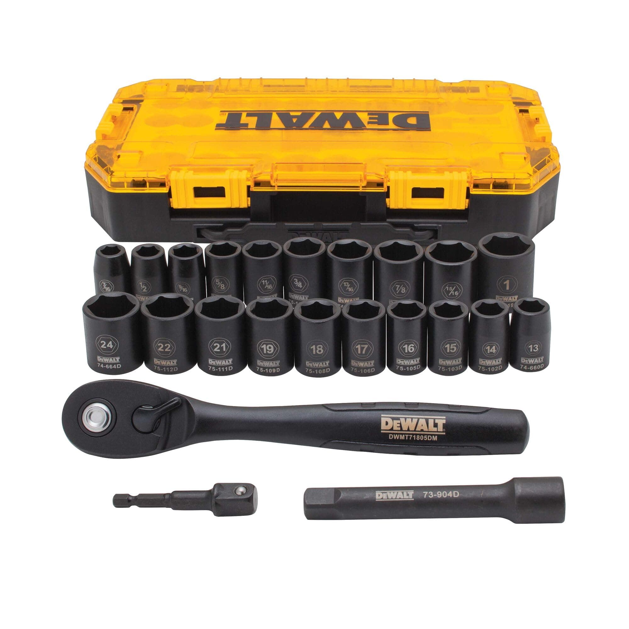 Impact Socket Set with Ratchet, Metric/SAE, 1/2" Drive, 23-Piece Set with Case (DWMT74739)﻿ ﻿