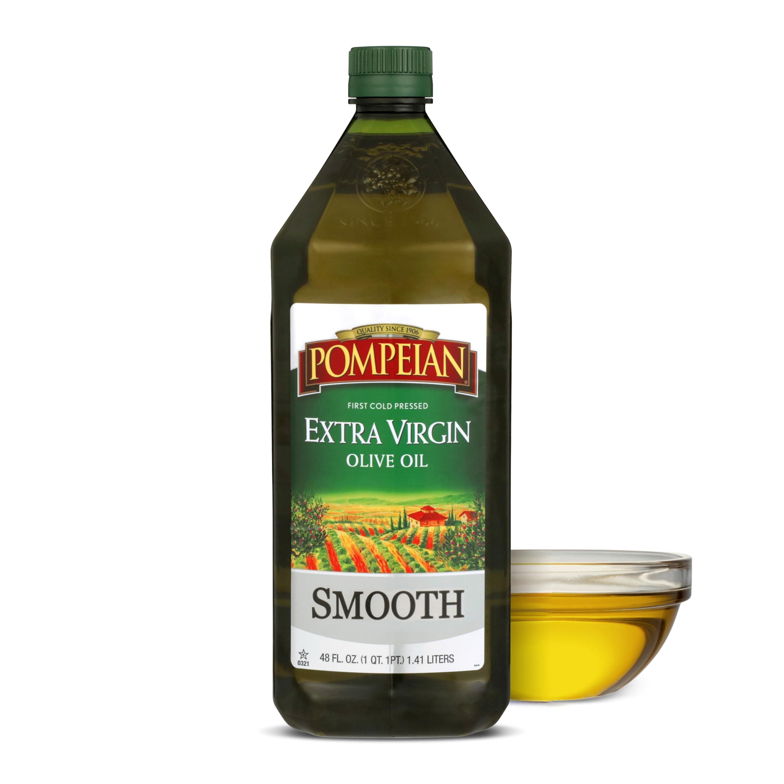 Pompeian Smooth Extra Virgin Olive Oil, First Cold Pressed, Mild and Delicate Flavor, Perfect for Sauteing and Stir-Frying, Naturally Gluten Free, Non-Allergenic, Non-GMO, 48 FL. OZ., Single Bottle