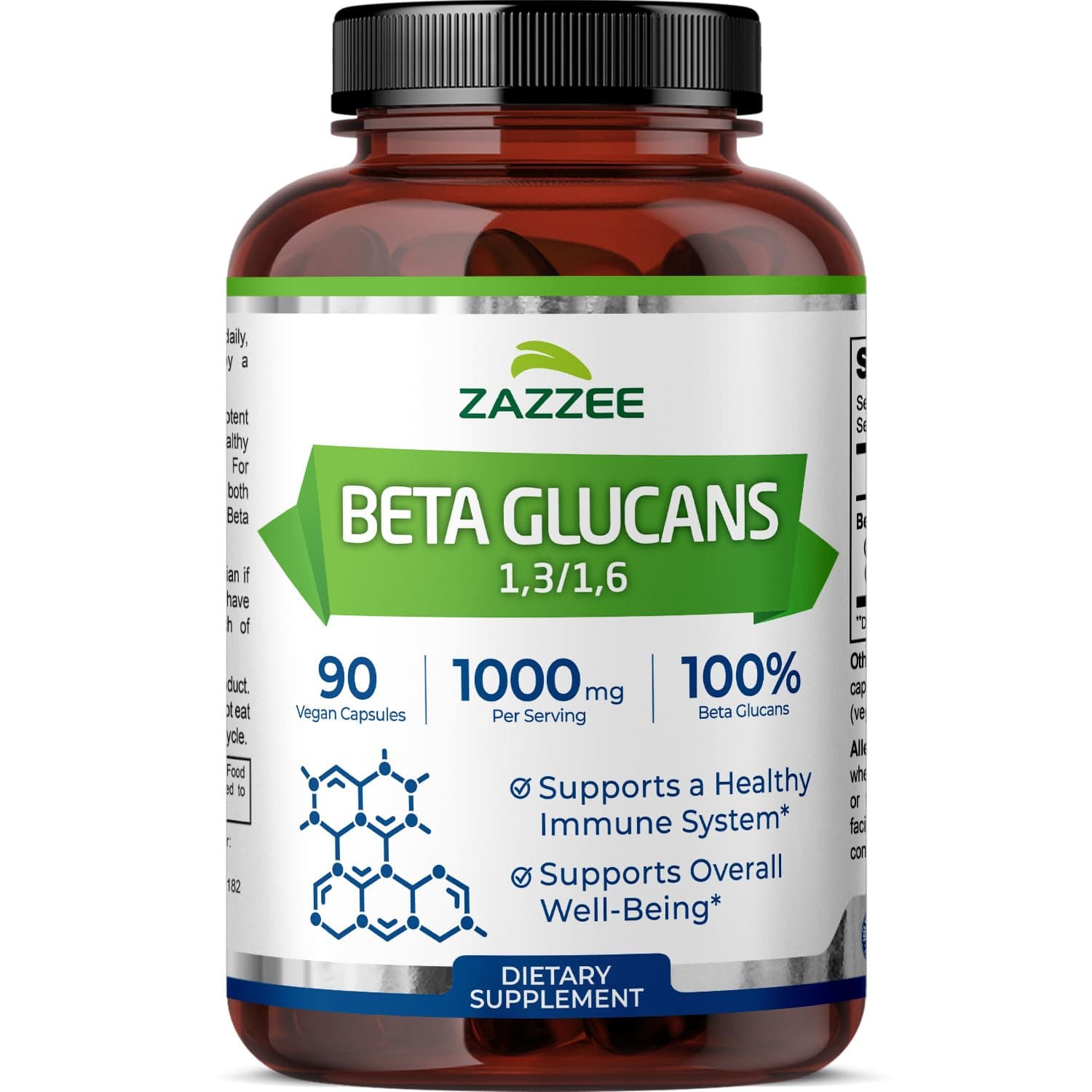 Zazzee Extra Strength 1,3/1,6 Beta Glucans 1000 mg, 100% Glucan Content, 90 Vegan Capsules, Supports a Healthy Immune System, Non-GMO and All-Natural