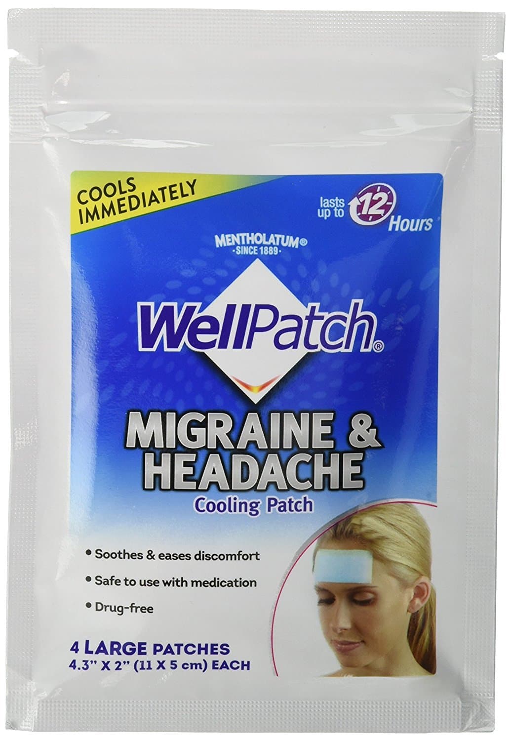 WellPatch Migraine & Headache Cooling Patch - Drug Free, Lasts Up to 12 hours, Safe to Use with Medication - Large Patches (4 Large Patches), Each 4.3 x 2 in