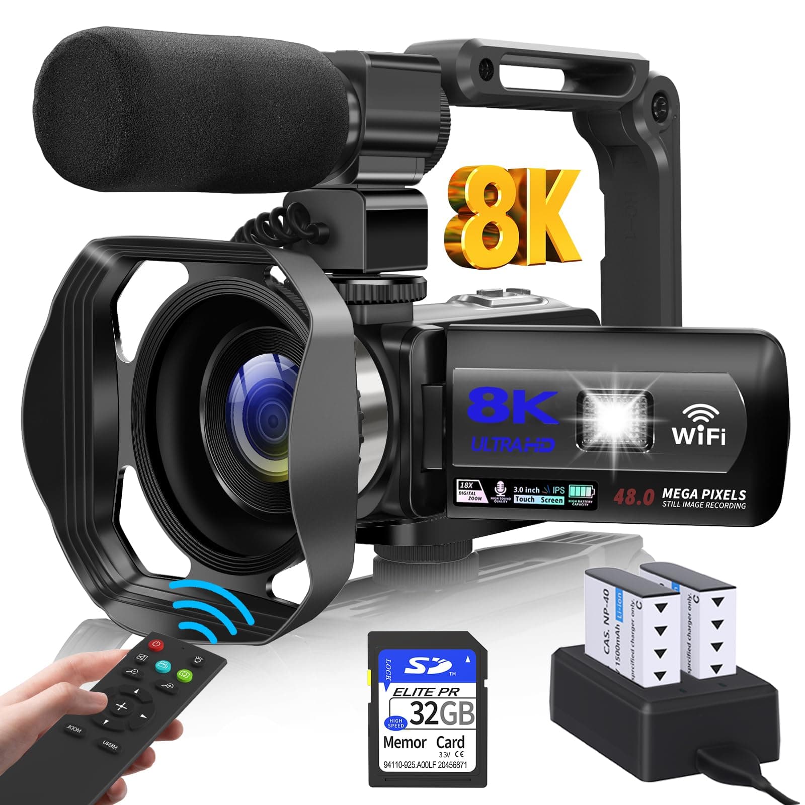 Video Camera, 8K Camcorder 48MP Vlogging Camera for YouTube 18X Digital Zoom 3€ Touch Screen with WiFi, External Mic, Fill Light, Remote Control, 32GB SD Card & 2 Batteries, Black