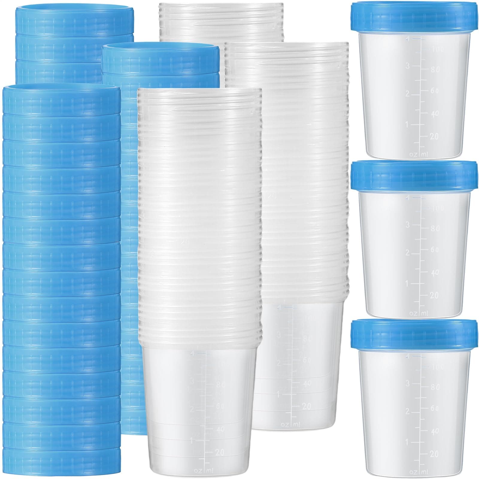 100 Pcs Disposable Specimen Cup Urine Pee Cups for Testing 4oz Specimen Container with Leak Proof Screw on Lids for Safe Urinalysis Pee Stool Sample Collection Analysis (Blue)