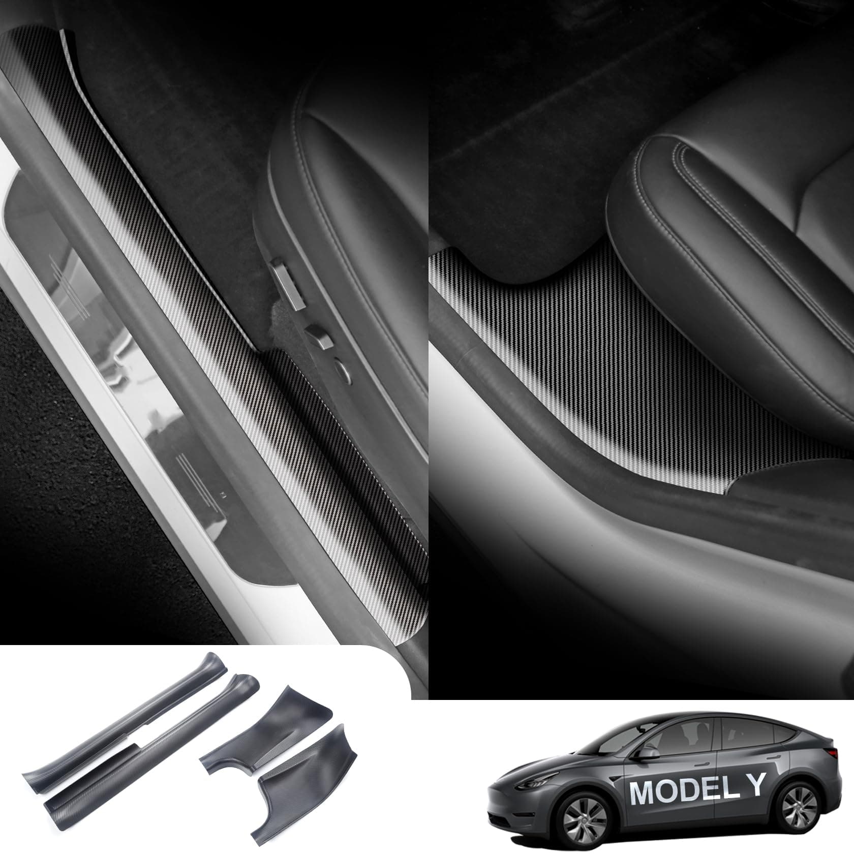Front and Rear Door Sill Protector for Tesla Model Y 2021-2024 2025 5-Seater, Full Protection Door Entry Guards for Model Y Accessories, 3D Carbon Fiber (Not Fit 7-Seat)